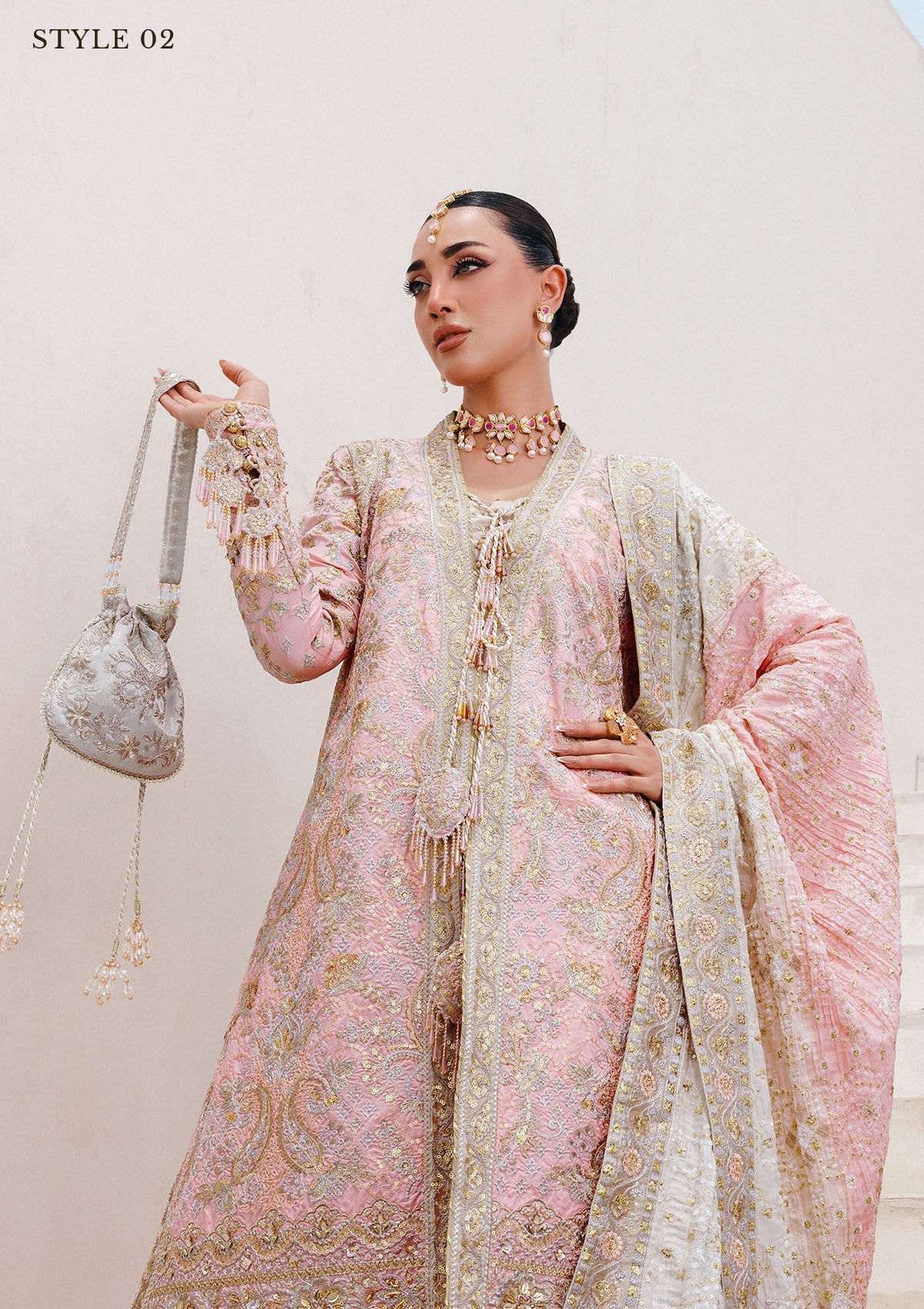 WEDDING FESTIVE 25 VOL. 2 - LOOK 07 Light Pink OPEN FRONT LONG SHIRT WITH CRUSHED GHARARA,OPEN FRONT LONG SHIRT WITH SHARARA For Wedding Events - Pakistani Designer Wear for Women in UK | Kifat