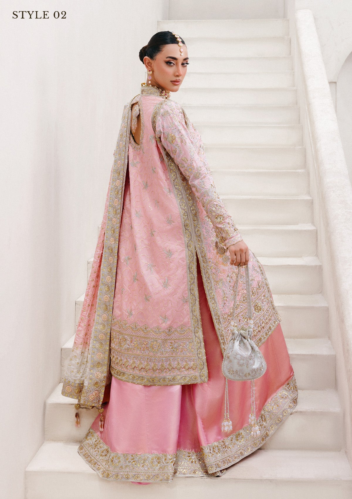WEDDING FESTIVE 25 VOL. 2 - LOOK 07 Light Pink OPEN FRONT LONG SHIRT WITH CRUSHED GHARARA,OPEN FRONT LONG SHIRT WITH SHARARA For Wedding Events - Pakistani Designer Wear for Women in UK | Kifat