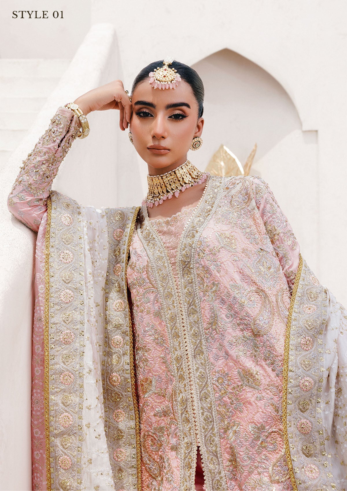 WEDDING FESTIVE 25 VOL. 2 - LOOK 07 Light Pink OPEN FRONT LONG SHIRT WITH CRUSHED GHARARA,OPEN FRONT LONG SHIRT WITH SHARARA For Wedding Events - Pakistani Designer Wear for Women in UK | Kifat