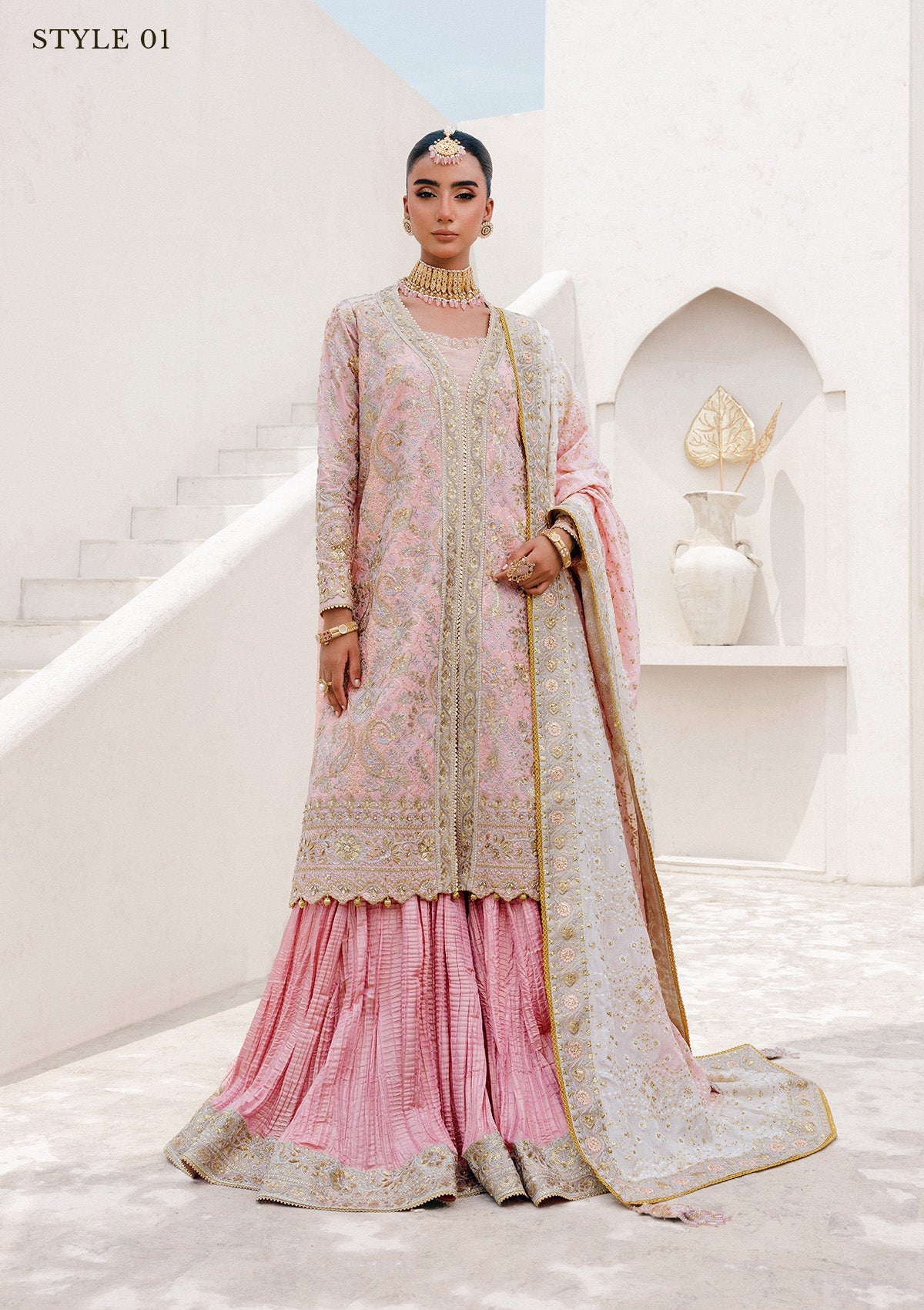 WEDDING FESTIVE 25 VOL. 2 - LOOK 07 Light Pink OPEN FRONT LONG SHIRT WITH CRUSHED GHARARA,OPEN FRONT LONG SHIRT WITH SHARARA For Wedding Events - Pakistani Designer Wear for Women in UK | Kifat