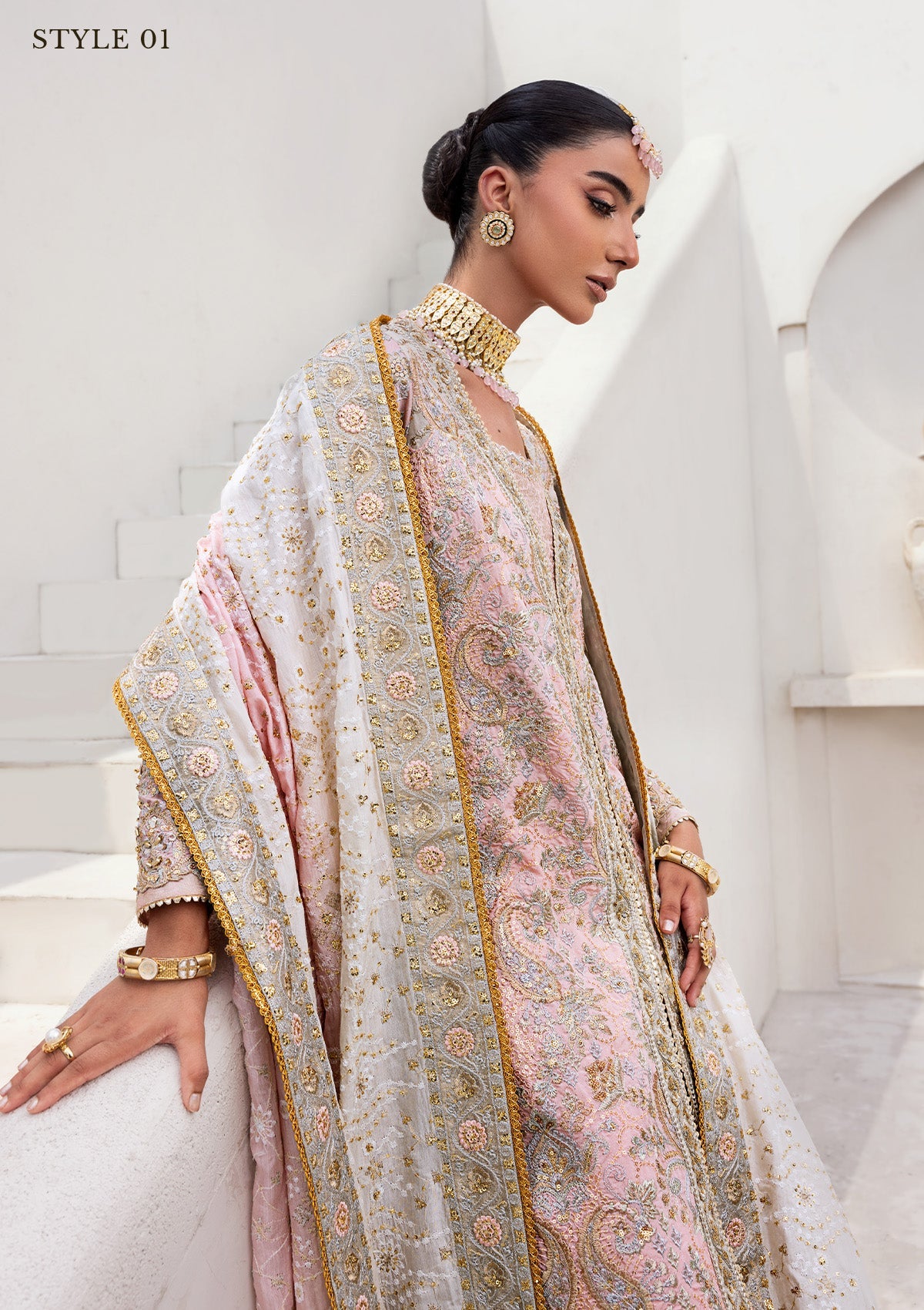 WEDDING FESTIVE 25 VOL. 2 - LOOK 07 Light Pink OPEN FRONT LONG SHIRT WITH CRUSHED GHARARA,OPEN FRONT LONG SHIRT WITH SHARARA For Wedding Events - Pakistani Designer Wear for Women in UK | Kifat