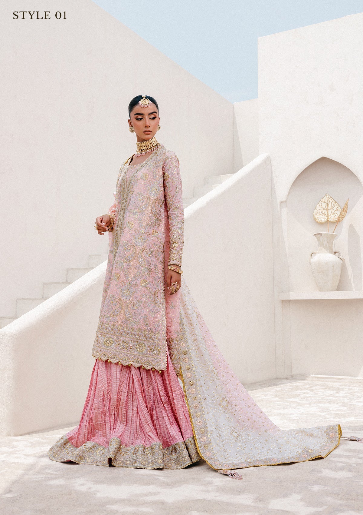 WEDDING FESTIVE 25 VOL. 2 - LOOK 07 Light Pink OPEN FRONT LONG SHIRT WITH CRUSHED GHARARA,OPEN FRONT LONG SHIRT WITH SHARARA For Wedding Events - Pakistani Designer Wear for Women in UK | Kifat