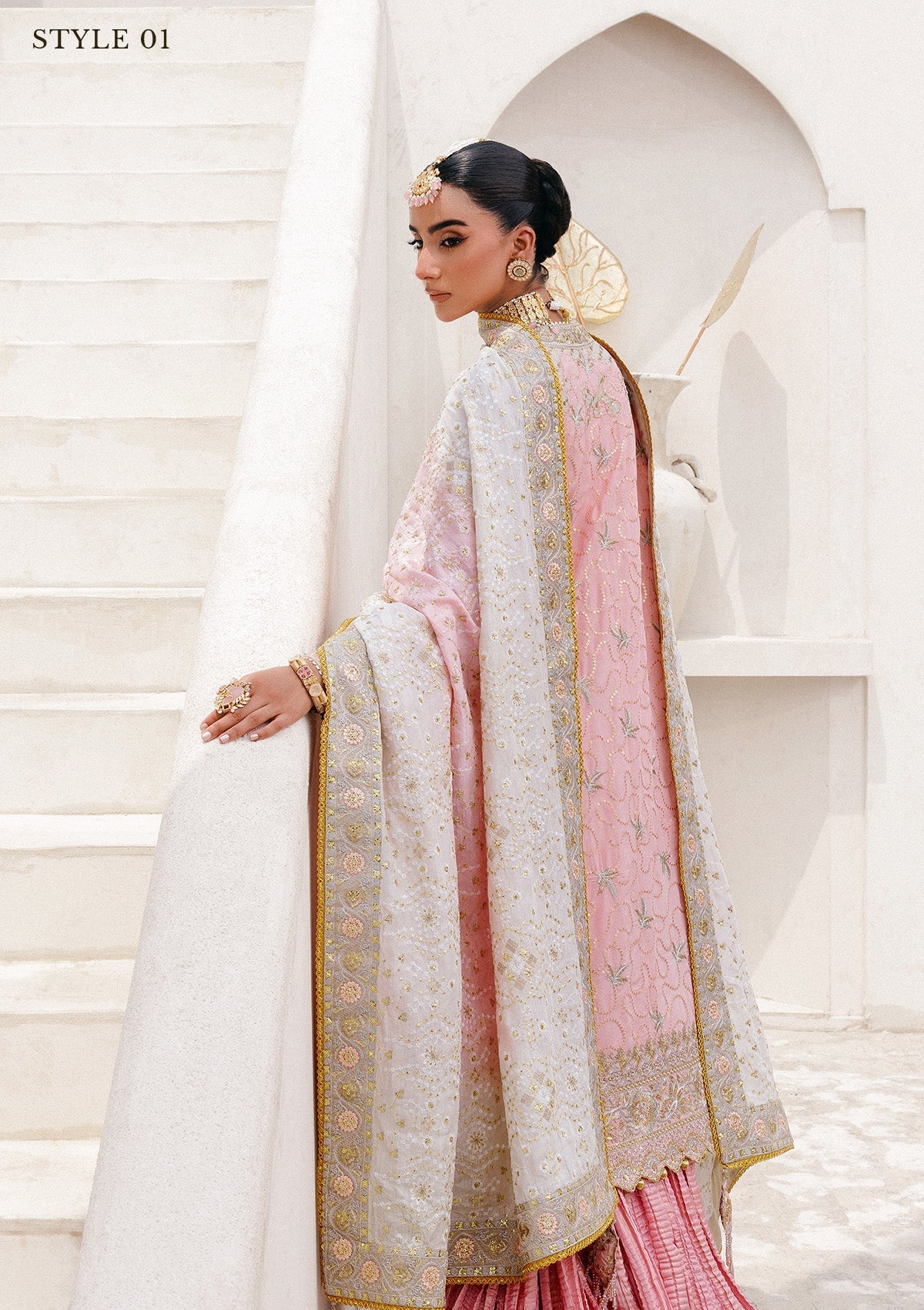 WEDDING FESTIVE 25 VOL. 2 - LOOK 07 Light Pink OPEN FRONT LONG SHIRT WITH CRUSHED GHARARA,OPEN FRONT LONG SHIRT WITH SHARARA For Wedding Events - Pakistani Designer Wear for Women in UK | Kifat