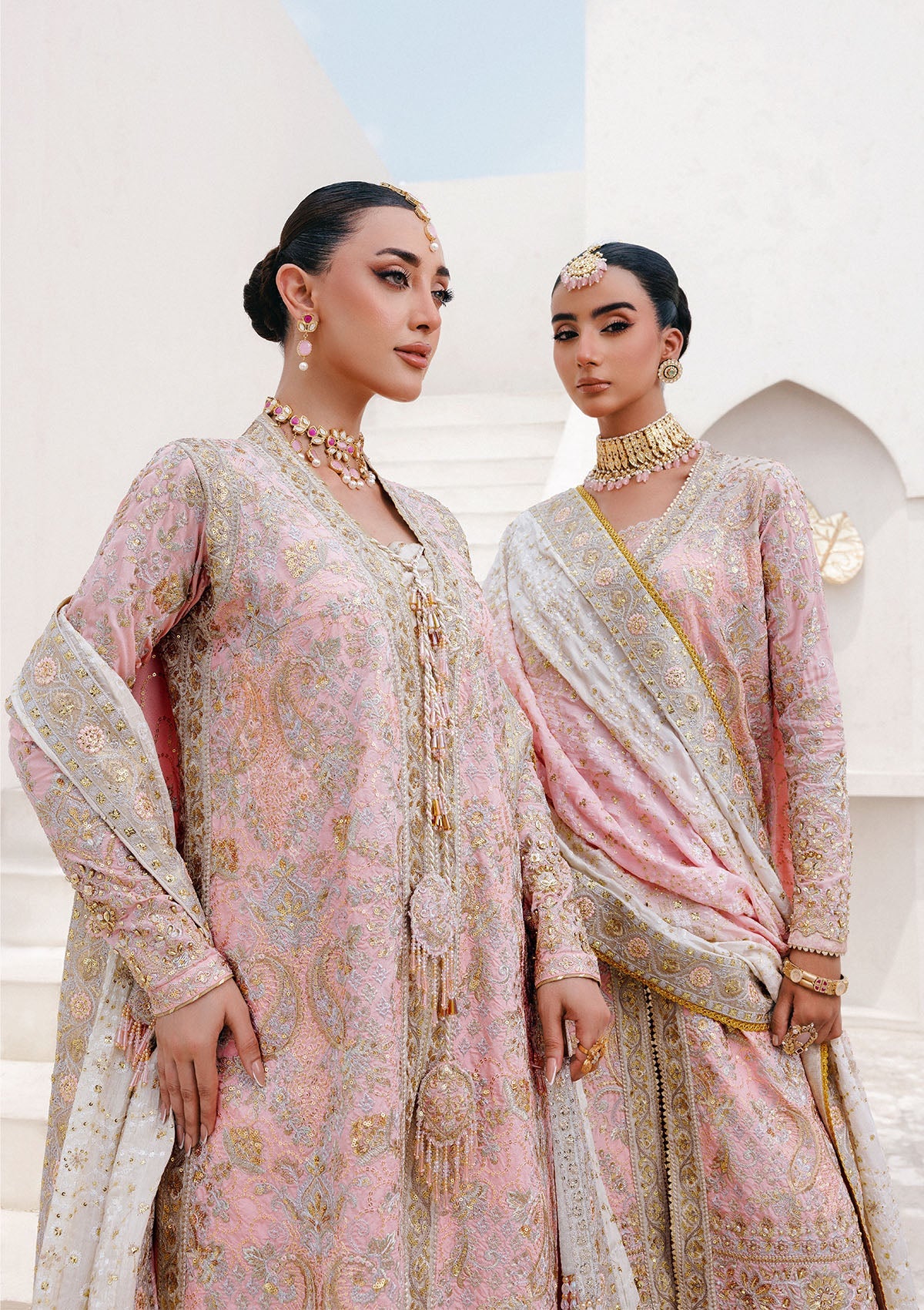 WEDDING FESTIVE 25 VOL. 2 - LOOK 07 Light Pink OPEN FRONT LONG SHIRT WITH CRUSHED GHARARA,OPEN FRONT LONG SHIRT WITH SHARARA For Wedding Events - Pakistani Designer Wear for Women in UK | Kifat