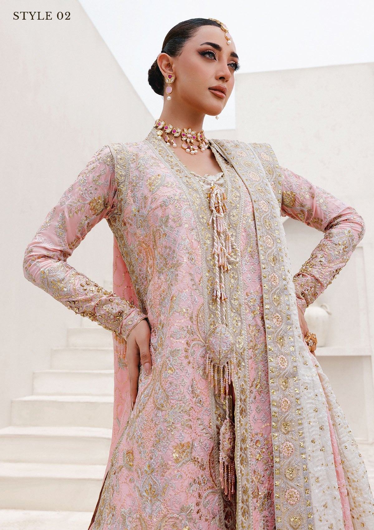 WEDDING FESTIVE 25 VOL. 2 - LOOK 07 Light Pink OPEN FRONT LONG SHIRT WITH CRUSHED GHARARA,OPEN FRONT LONG SHIRT WITH SHARARA For Wedding Events - Pakistani Designer Wear for Women in UK | Kifat