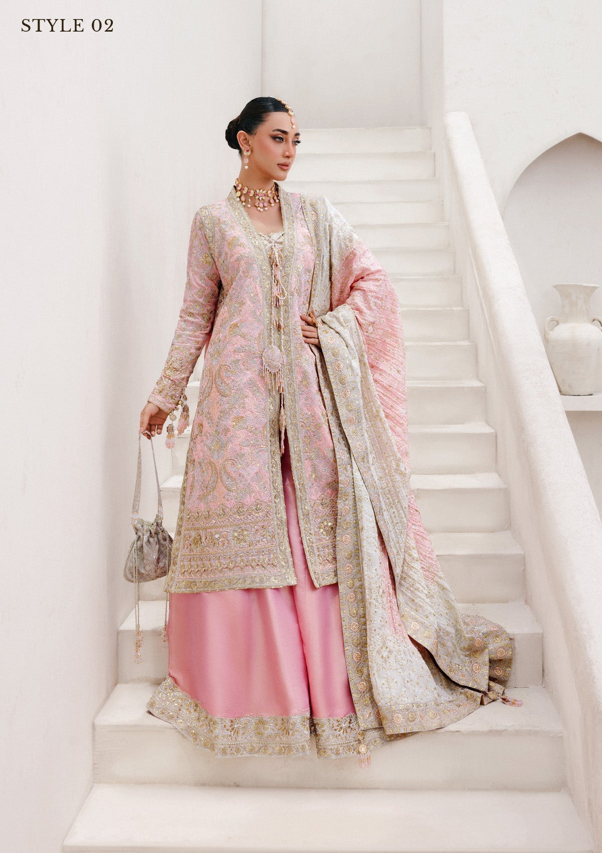 WEDDING FESTIVE 25 VOL. 2 - LOOK 07 Light Pink OPEN FRONT LONG SHIRT WITH CRUSHED GHARARA,OPEN FRONT LONG SHIRT WITH SHARARA For Wedding Events - Pakistani Designer Wear for Women in UK | Kifat