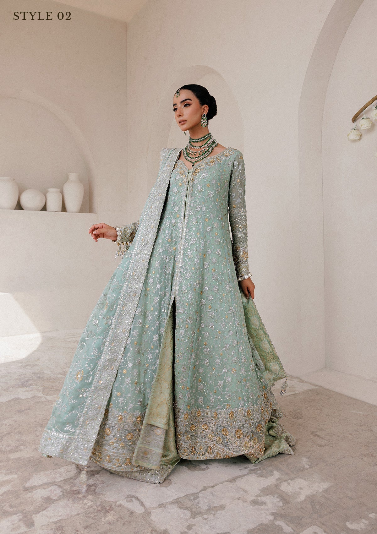 WEDDING FESTIVE 25 VOL. 2 - LOOK 08 Mint Green ANGRAKHA WITH SKIRT,KALIDAR OPEN FRONT WITH FARSHI GHARARA For Wedding Events - Pakistani Designer Wear for Women in UK | Kifat