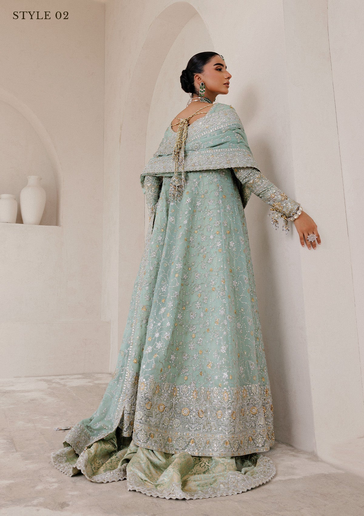 WEDDING FESTIVE 25 VOL. 2 - LOOK 08 Mint Green ANGRAKHA WITH SKIRT,KALIDAR OPEN FRONT WITH FARSHI GHARARA For Wedding Events - Pakistani Designer Wear for Women in UK | Kifat