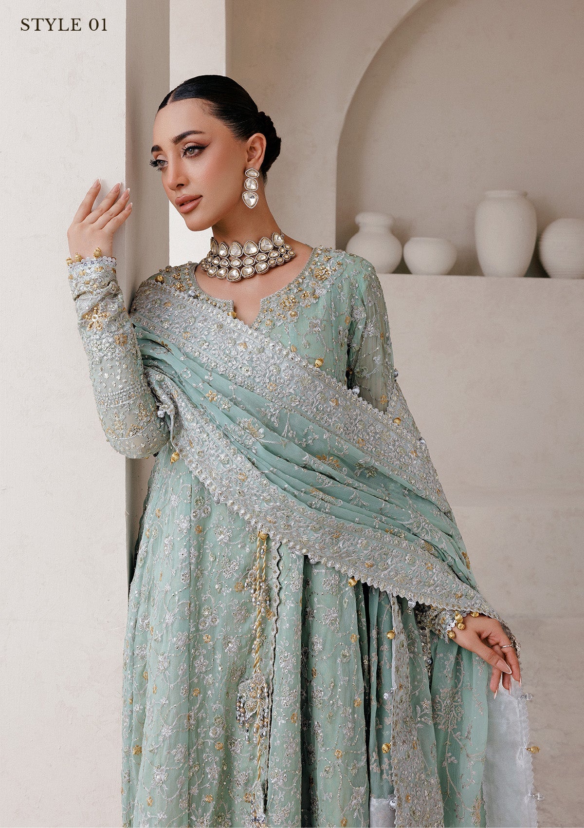 WEDDING FESTIVE 25 VOL. 2 - LOOK 08 Mint Green ANGRAKHA WITH SKIRT,KALIDAR OPEN FRONT WITH FARSHI GHARARA For Wedding Events - Pakistani Designer Wear for Women in UK | Kifat