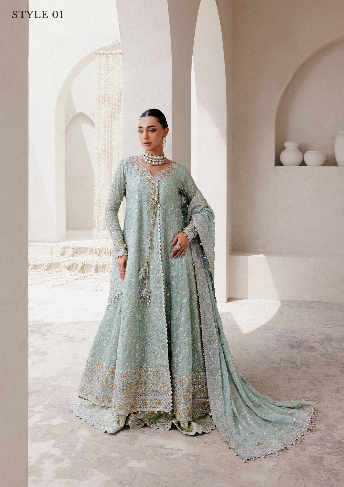 WEDDING FESTIVE 25 VOL. 2 - LOOK 08 Mint Green ANGRAKHA WITH SKIRT,KALIDAR OPEN FRONT WITH FARSHI GHARARA For Wedding Events - Pakistani Designer Wear for Women in UK | Kifat