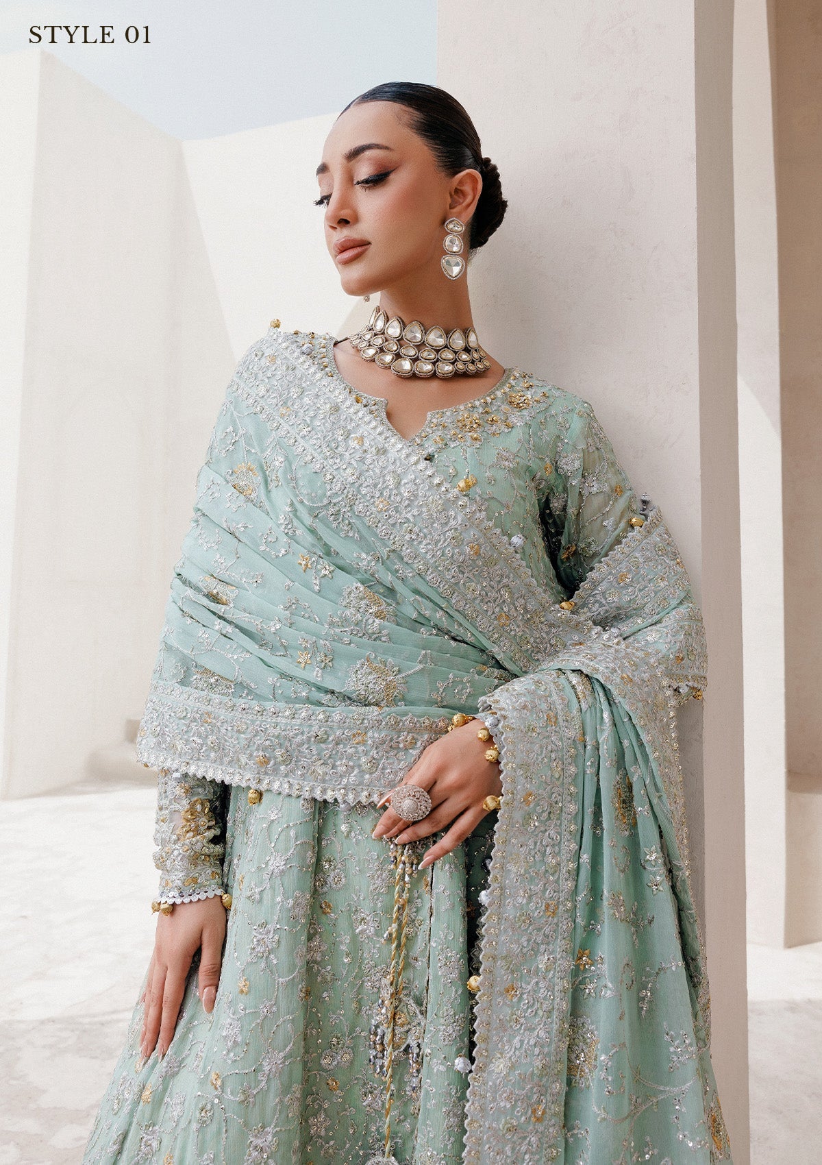 WEDDING FESTIVE 25 VOL. 2 - LOOK 08 Mint Green ANGRAKHA WITH SKIRT,KALIDAR OPEN FRONT WITH FARSHI GHARARA For Wedding Events - Pakistani Designer Wear for Women in UK | Kifat