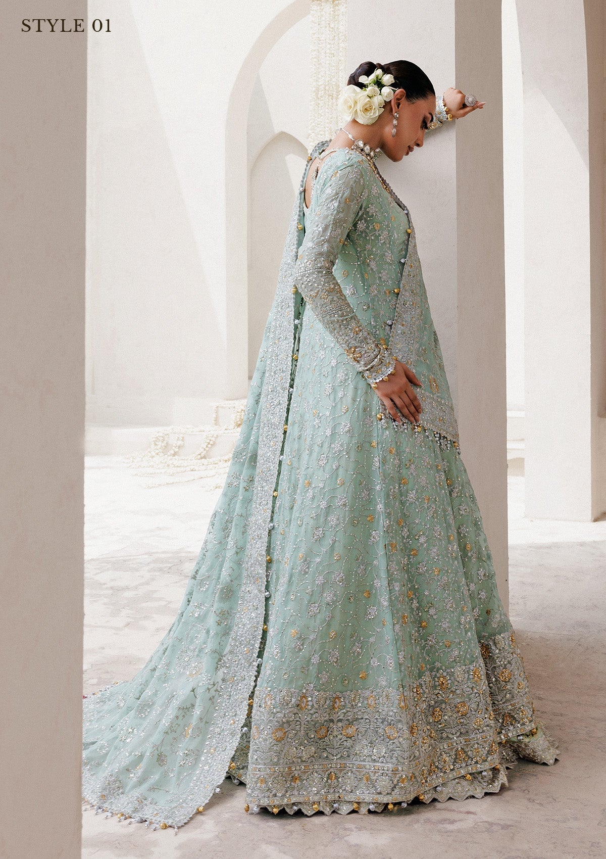 WEDDING FESTIVE 25 VOL. 2 - LOOK 08 Mint Green ANGRAKHA WITH SKIRT,KALIDAR OPEN FRONT WITH FARSHI GHARARA For Wedding Events - Pakistani Designer Wear for Women in UK | Kifat
