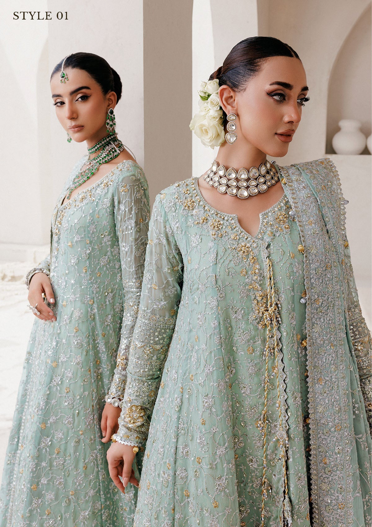 WEDDING FESTIVE 25 VOL. 2 - LOOK 08 Mint Green ANGRAKHA WITH SKIRT,KALIDAR OPEN FRONT WITH FARSHI GHARARA For Wedding Events - Pakistani Designer Wear for Women in UK | Kifat