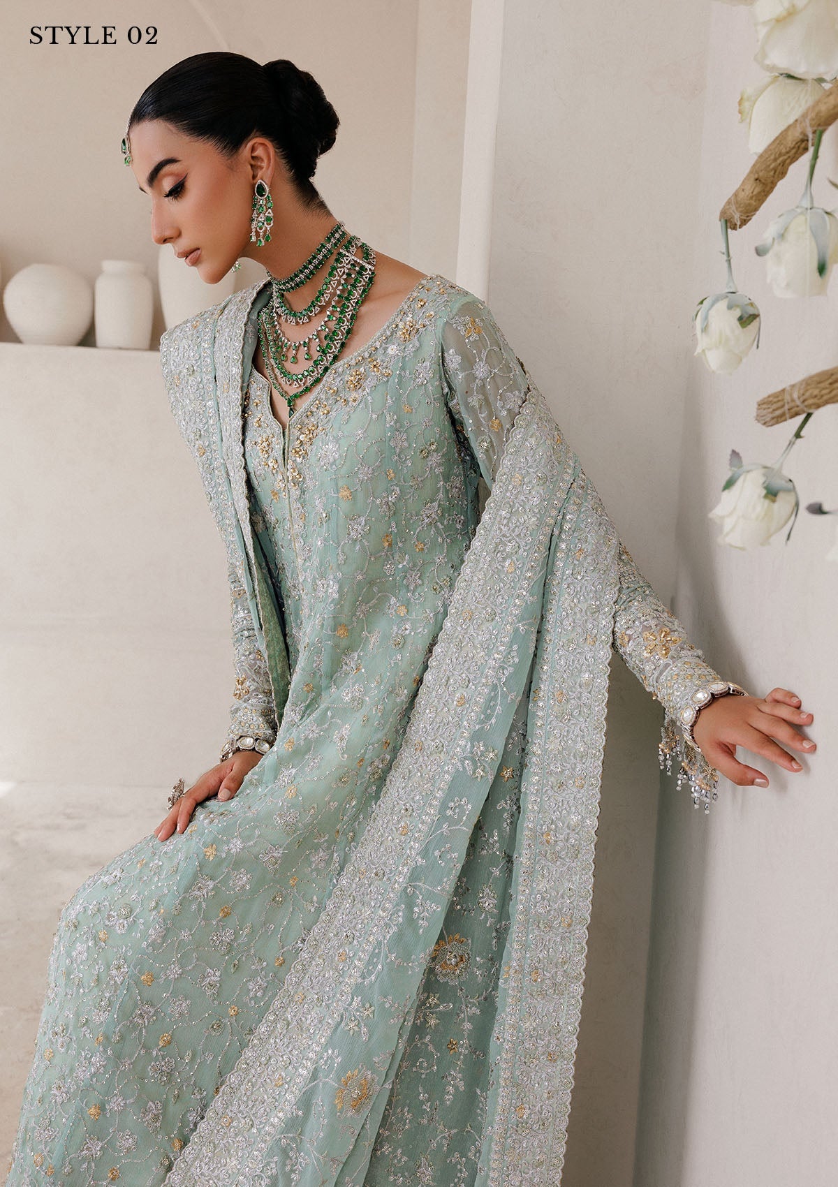 WEDDING FESTIVE 25 VOL. 2 - LOOK 08 Mint Green ANGRAKHA WITH SKIRT,KALIDAR OPEN FRONT WITH FARSHI GHARARA For Wedding Events - Pakistani Designer Wear for Women in UK | Kifat