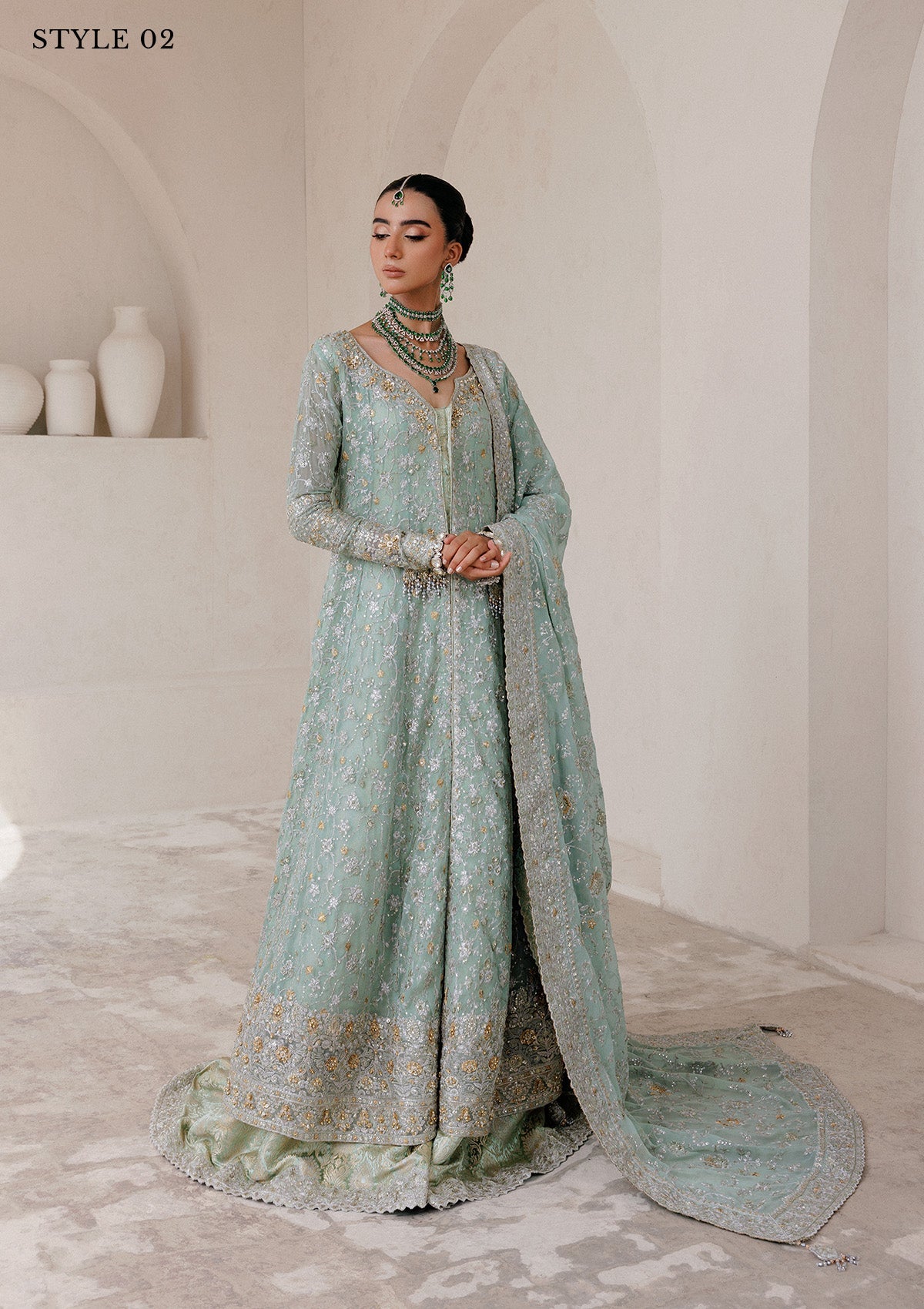 WEDDING FESTIVE 25 VOL. 2 - LOOK 08 Mint Green ANGRAKHA WITH SKIRT,KALIDAR OPEN FRONT WITH FARSHI GHARARA For Wedding Events - Pakistani Designer Wear for Women in UK | Kifat