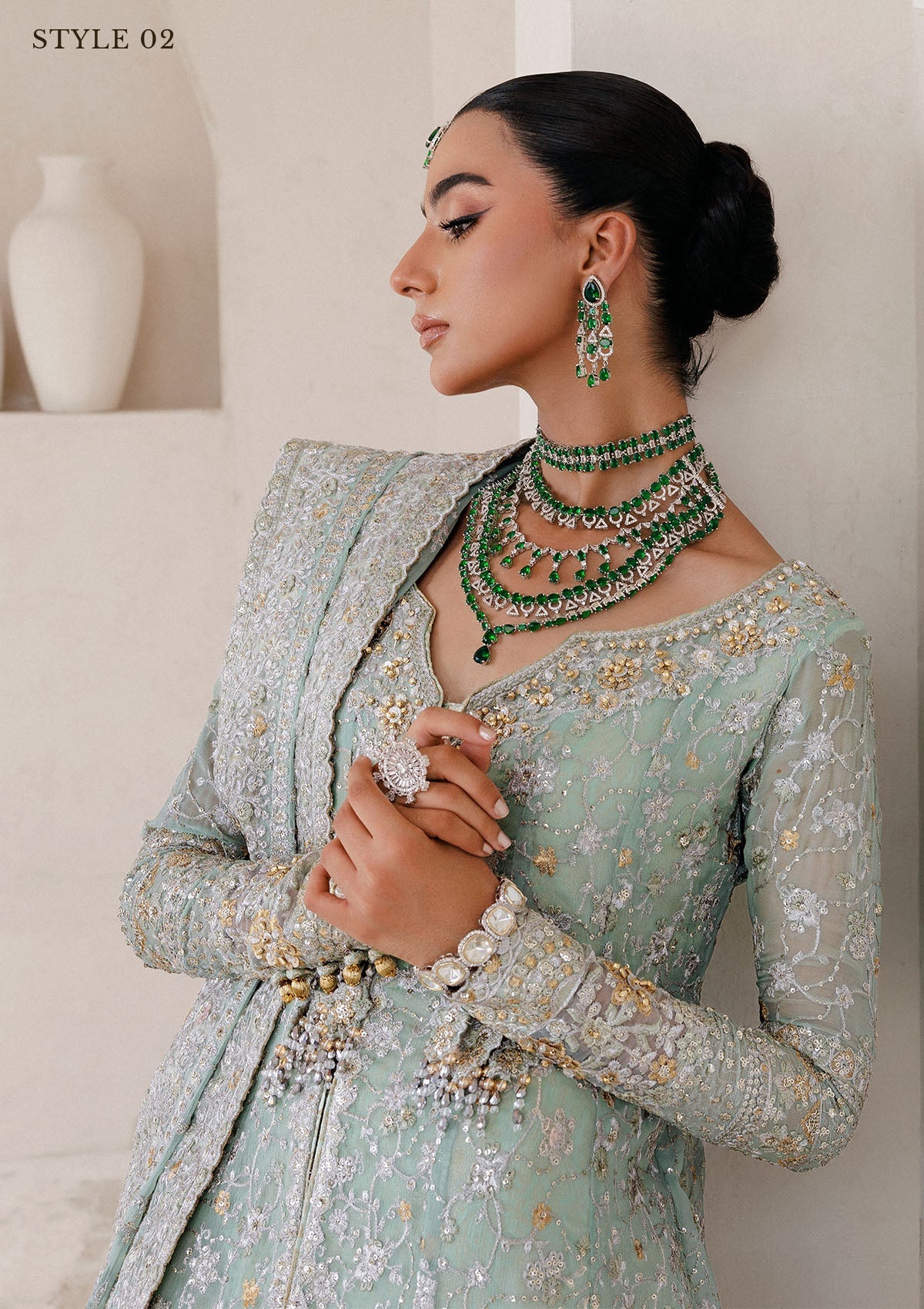 WEDDING FESTIVE 25 VOL. 2 - LOOK 08 Mint Green ANGRAKHA WITH SKIRT,KALIDAR OPEN FRONT WITH FARSHI GHARARA For Wedding Events - Pakistani Designer Wear for Women in UK | Kifat