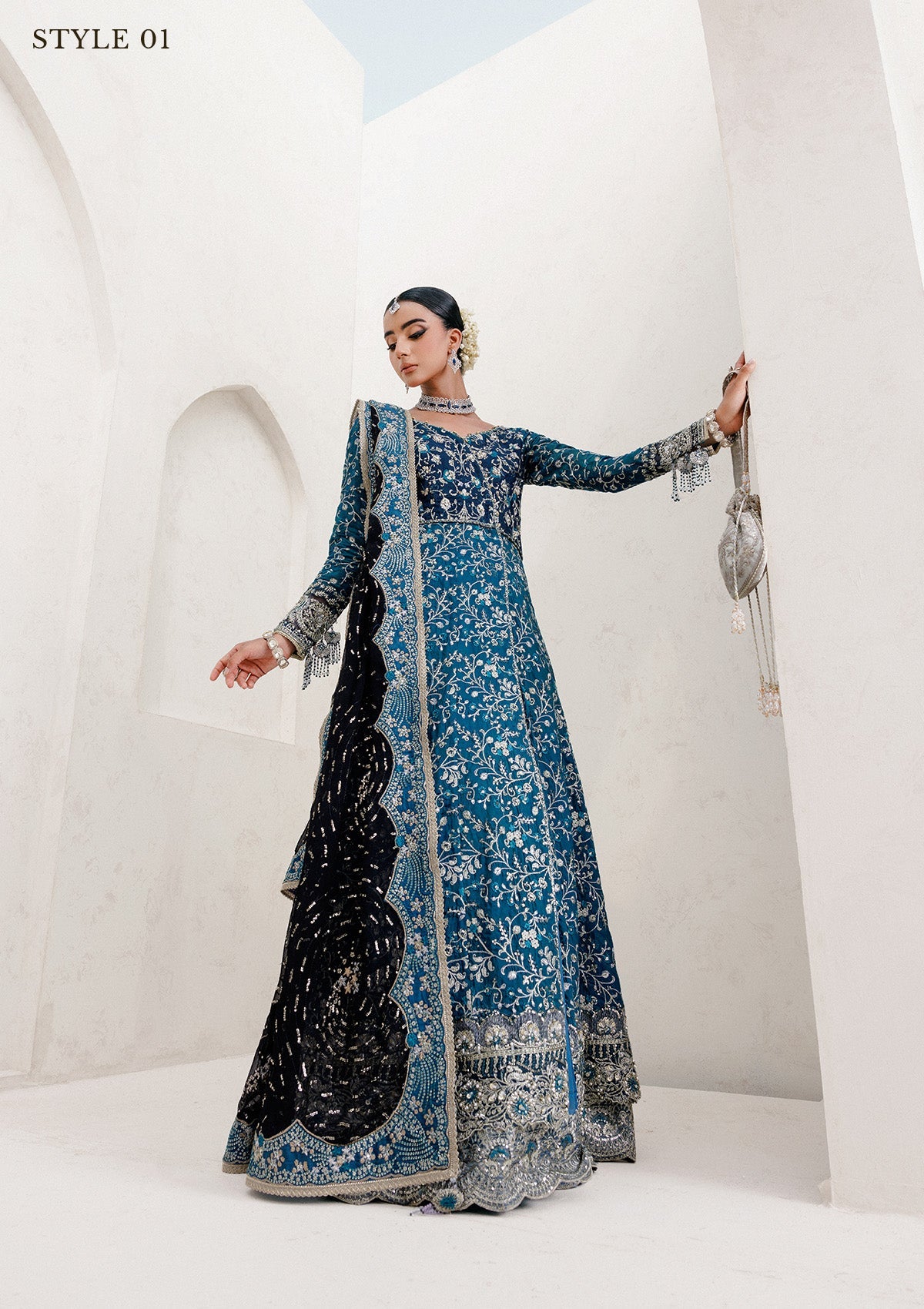 WEDDING FESTIVE 25 VOL. 2 - LOOK 09 Blue Teal ANGRAKHA WITH SKIRT,KALIDAR WITH SKIRT For Wedding Events - Pakistani Designer Wear for Women in UK | Kifat