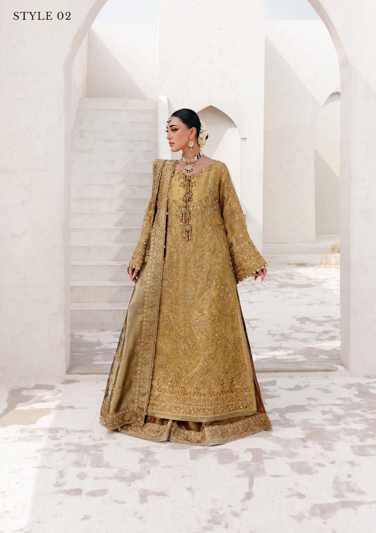 WEDDING FESTIVE 25 VOL. 2 - LOOK 10 Dull Gold OPEN FRONT WITH SKIRT,LONG SHIRT WITH SHARARA For Wedding Events - Pakistani Designer Wear for Women in UK | Kifat