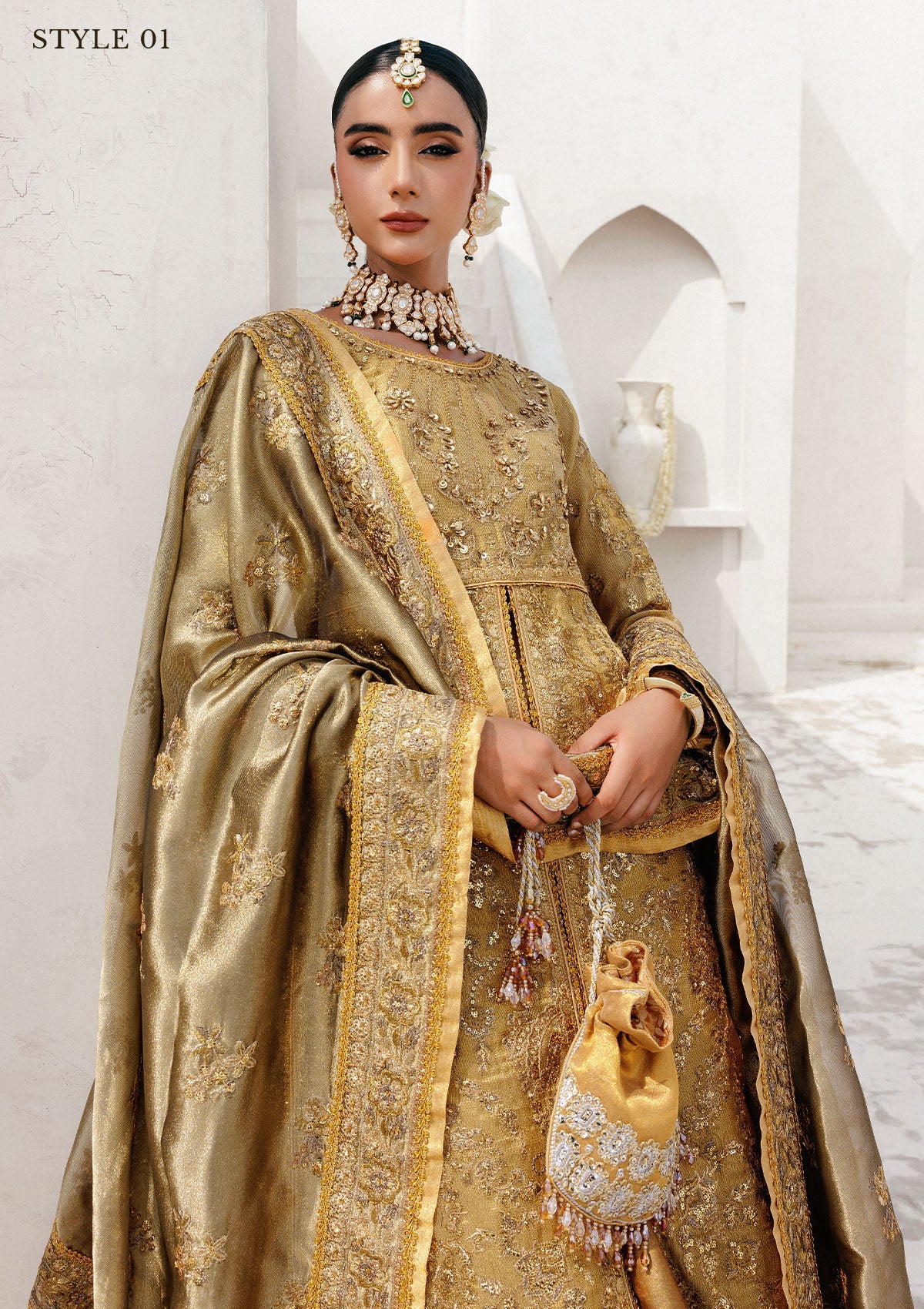 WEDDING FESTIVE 25 VOL. 2 - LOOK 10 Dull Gold OPEN FRONT WITH SKIRT,LONG SHIRT WITH SHARARA For Wedding Events - Pakistani Designer Wear for Women in UK | Kifat