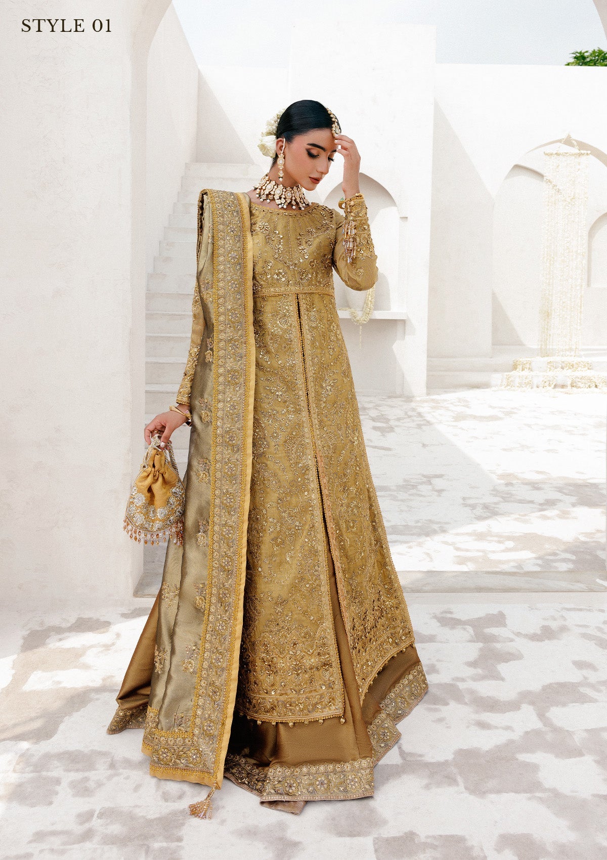 WEDDING FESTIVE 25 VOL. 2 - LOOK 10 Dull Gold OPEN FRONT WITH SKIRT,LONG SHIRT WITH SHARARA For Wedding Events - Pakistani Designer Wear for Women in UK | Kifat