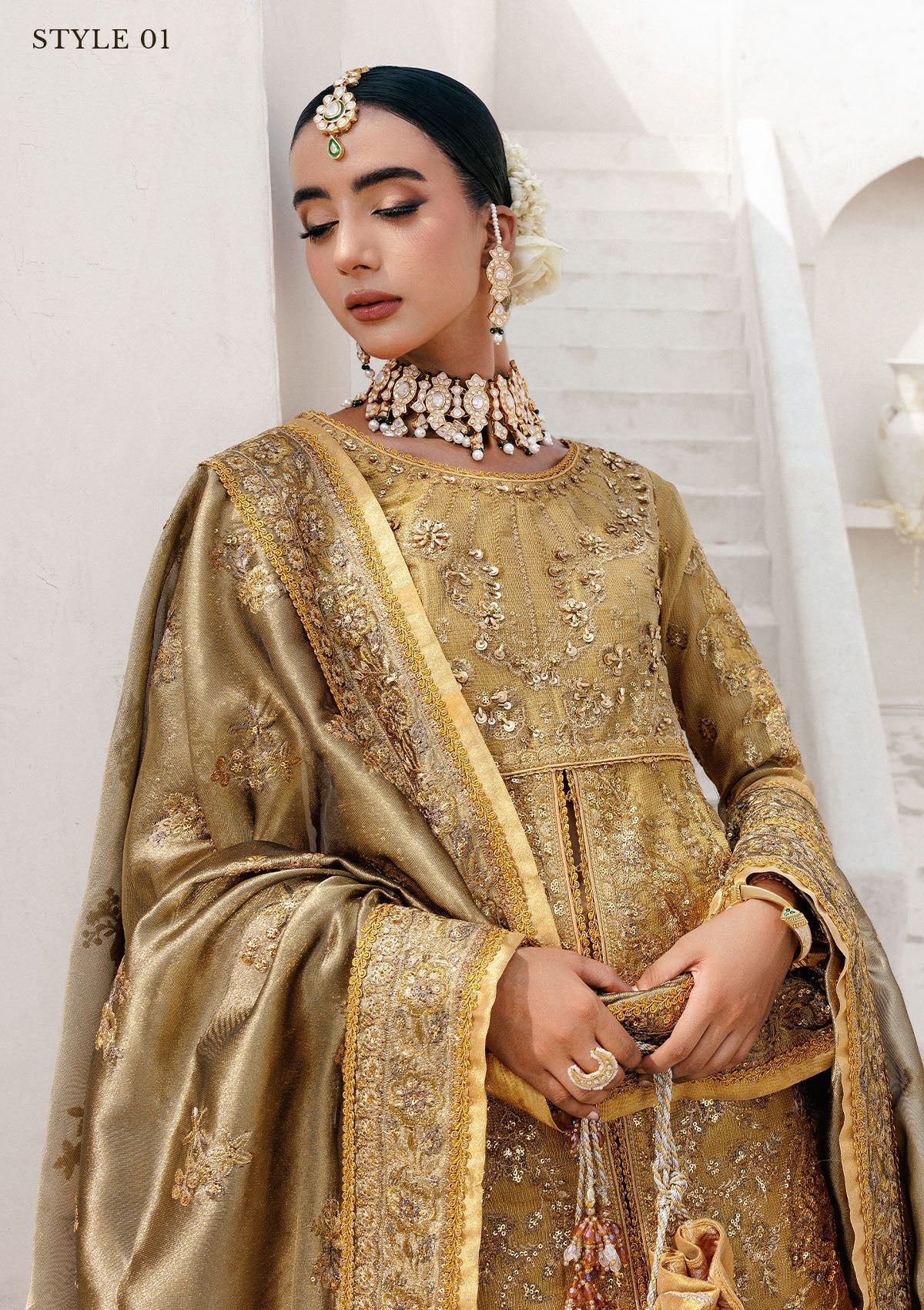 WEDDING FESTIVE 25 VOL. 2 - LOOK 10 Dull Gold OPEN FRONT WITH SKIRT,LONG SHIRT WITH SHARARA For Wedding Events - Pakistani Designer Wear for Women in UK | Kifat