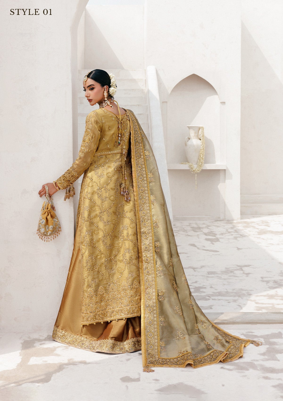 WEDDING FESTIVE 25 VOL. 2 - LOOK 10 Dull Gold OPEN FRONT WITH SKIRT,LONG SHIRT WITH SHARARA For Wedding Events - Pakistani Designer Wear for Women in UK | Kifat
