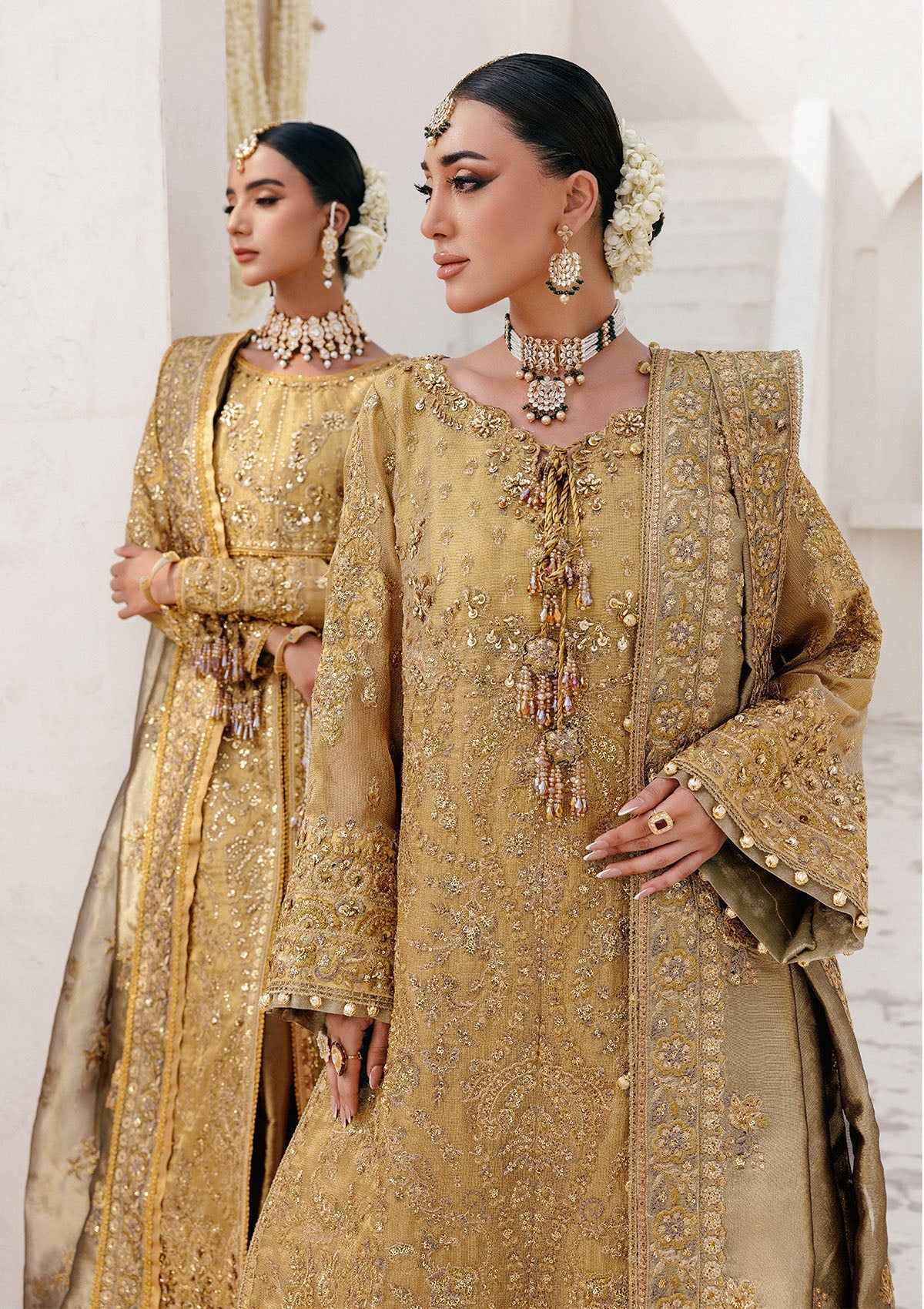 WEDDING FESTIVE 25 VOL. 2 - LOOK 10 Dull Gold OPEN FRONT WITH SKIRT,LONG SHIRT WITH SHARARA For Wedding Events - Pakistani Designer Wear for Women in UK | Kifat