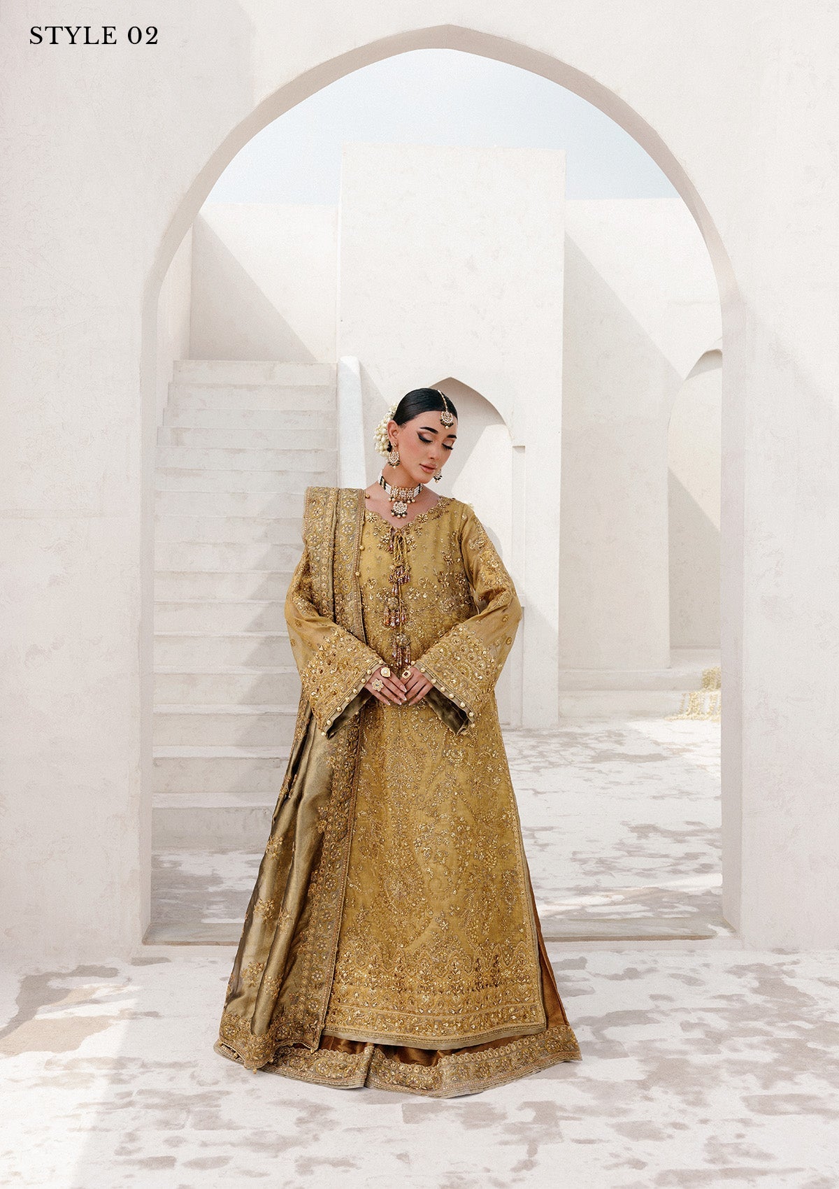 WEDDING FESTIVE 25 VOL. 2 - LOOK 10 Dull Gold OPEN FRONT WITH SKIRT,LONG SHIRT WITH SHARARA For Wedding Events - Pakistani Designer Wear for Women in UK | Kifat