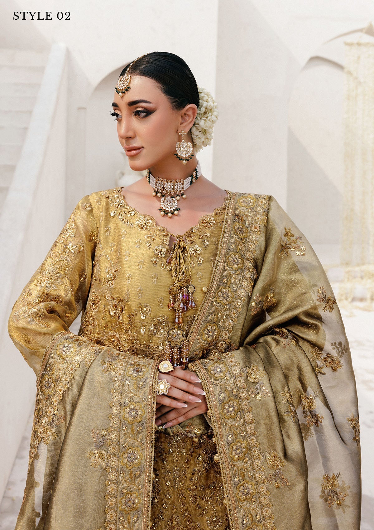 WEDDING FESTIVE 25 VOL. 2 - LOOK 10 Dull Gold OPEN FRONT WITH SKIRT,LONG SHIRT WITH SHARARA For Wedding Events - Pakistani Designer Wear for Women in UK | Kifat
