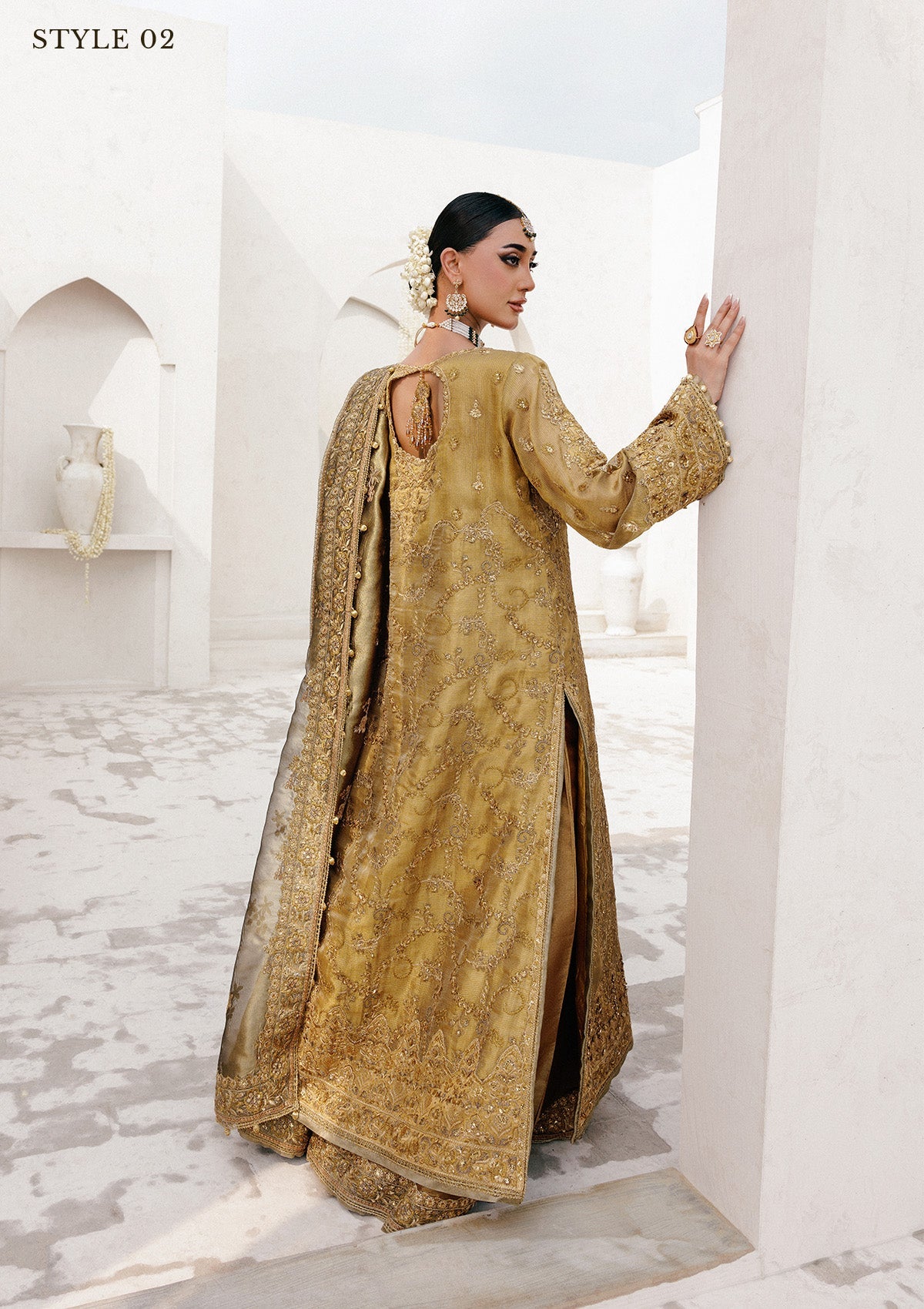 WEDDING FESTIVE 25 VOL. 2 - LOOK 10 Dull Gold OPEN FRONT WITH SKIRT,LONG SHIRT WITH SHARARA For Wedding Events - Pakistani Designer Wear for Women in UK | Kifat
