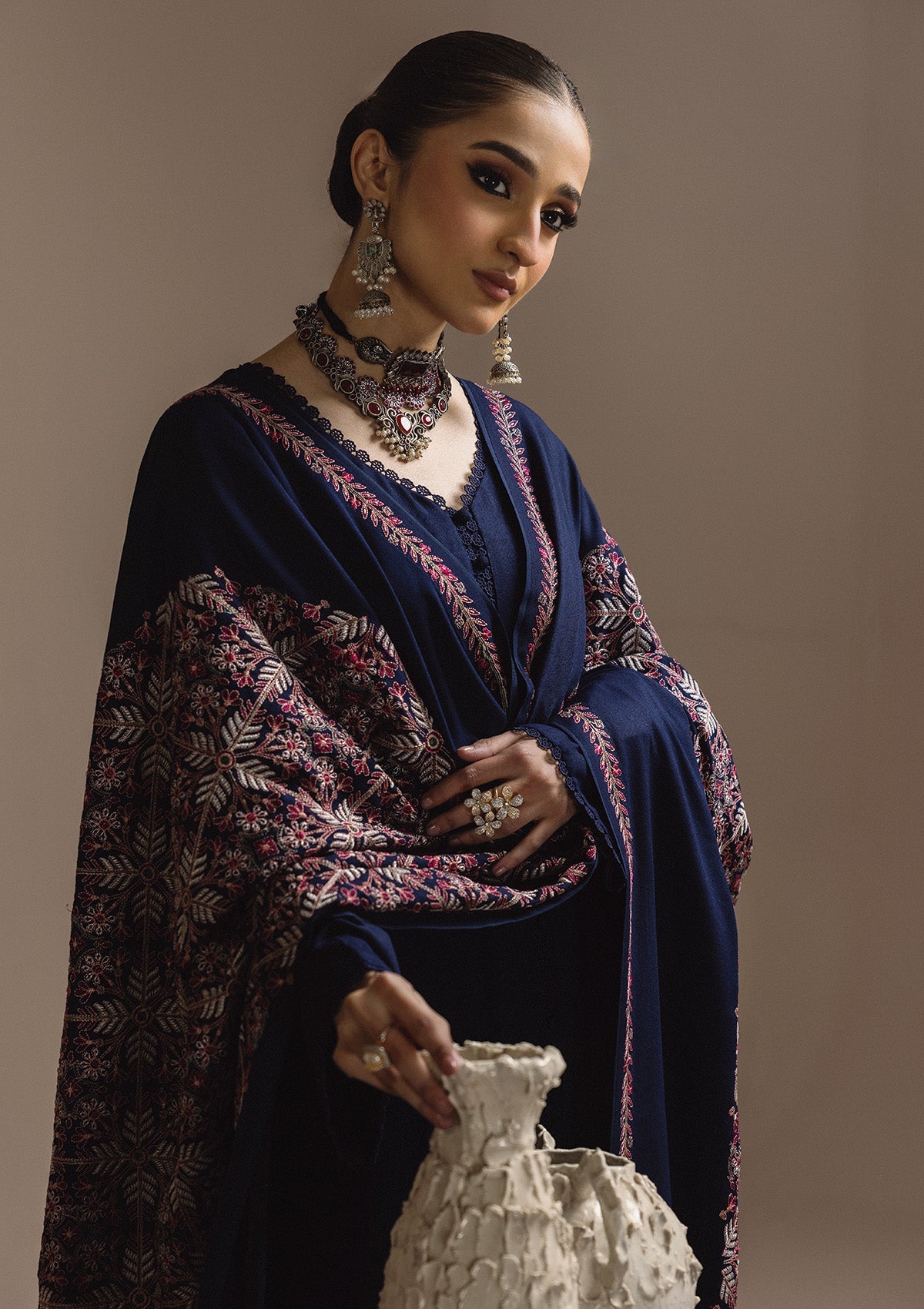 AIK ROZ '25 D3 - KARANDI - LOOK 06 Navy Blue Long Shirt For Casual Events - Pakistani Designer Wear for Women in UK | Kifat