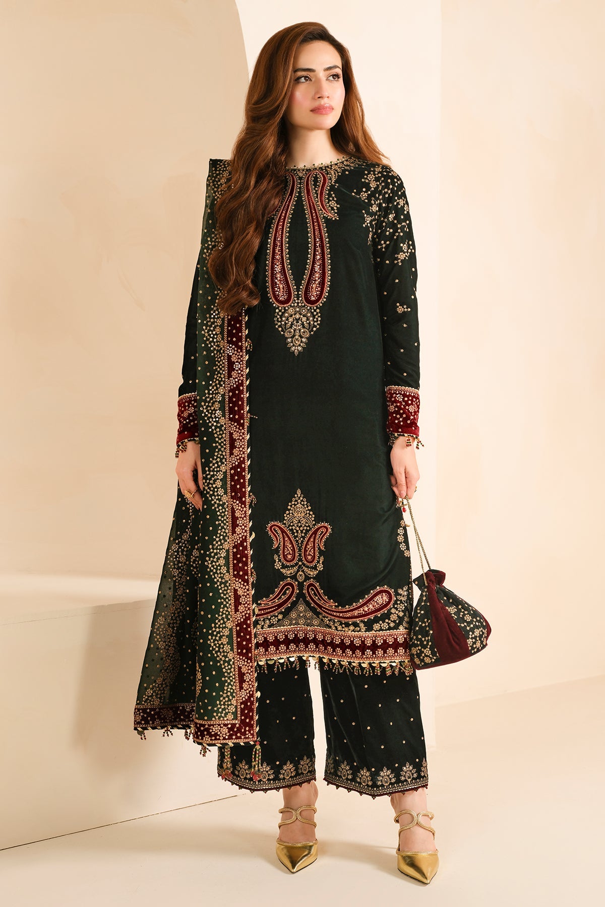 Women Wearing Embroidered Velvet Formal VF-2034 Mehndi Long Shirt for Wedding Events - Pakistani Designer Wear for Women in UK | Kifat