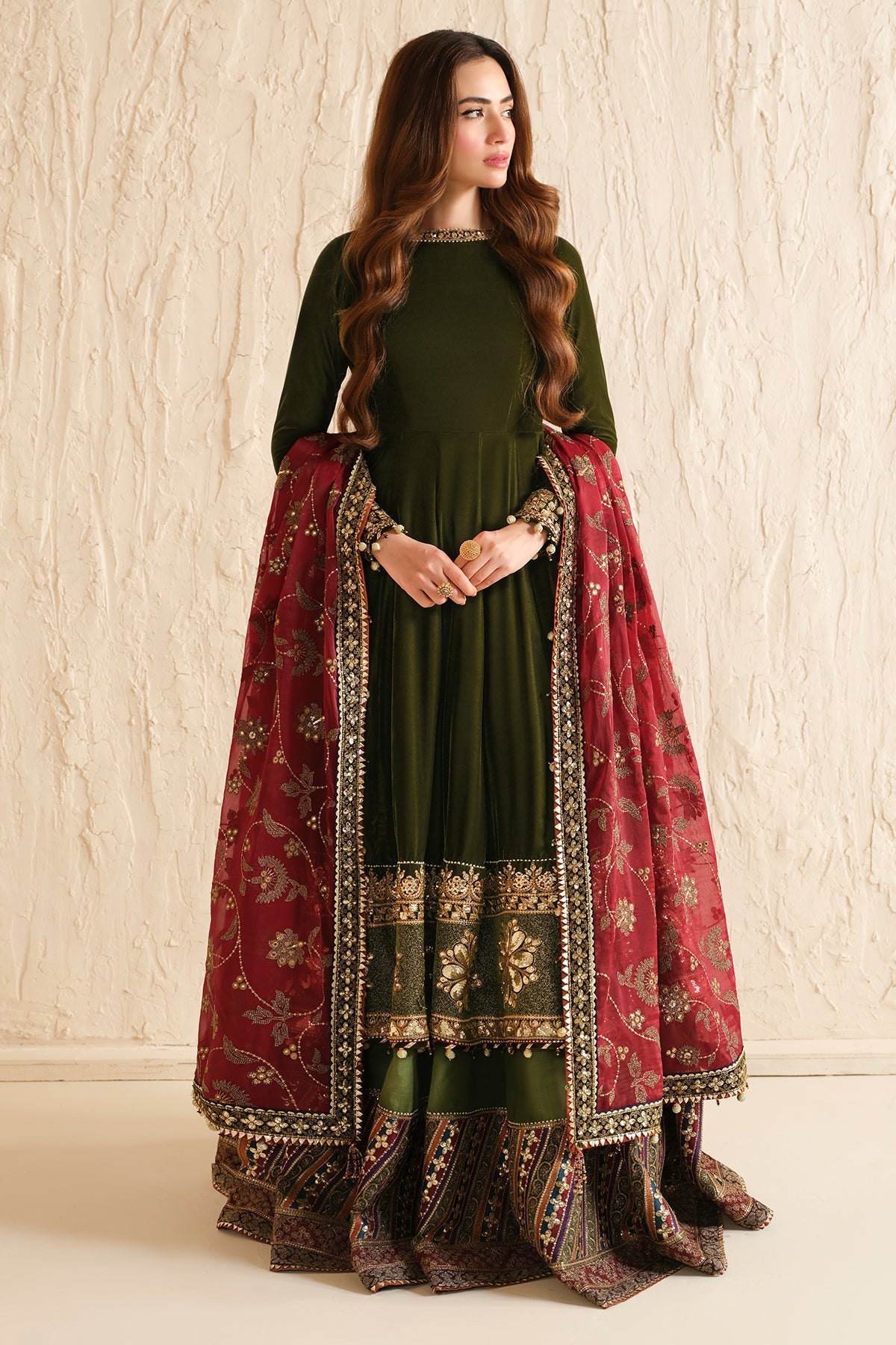 Women Wearing Embroidered Velvet Formal VF-2036 Mehndi Long Shirt with Sharara for Wedding Events - Pakistani Designer Wear for Women in UK | Kifat