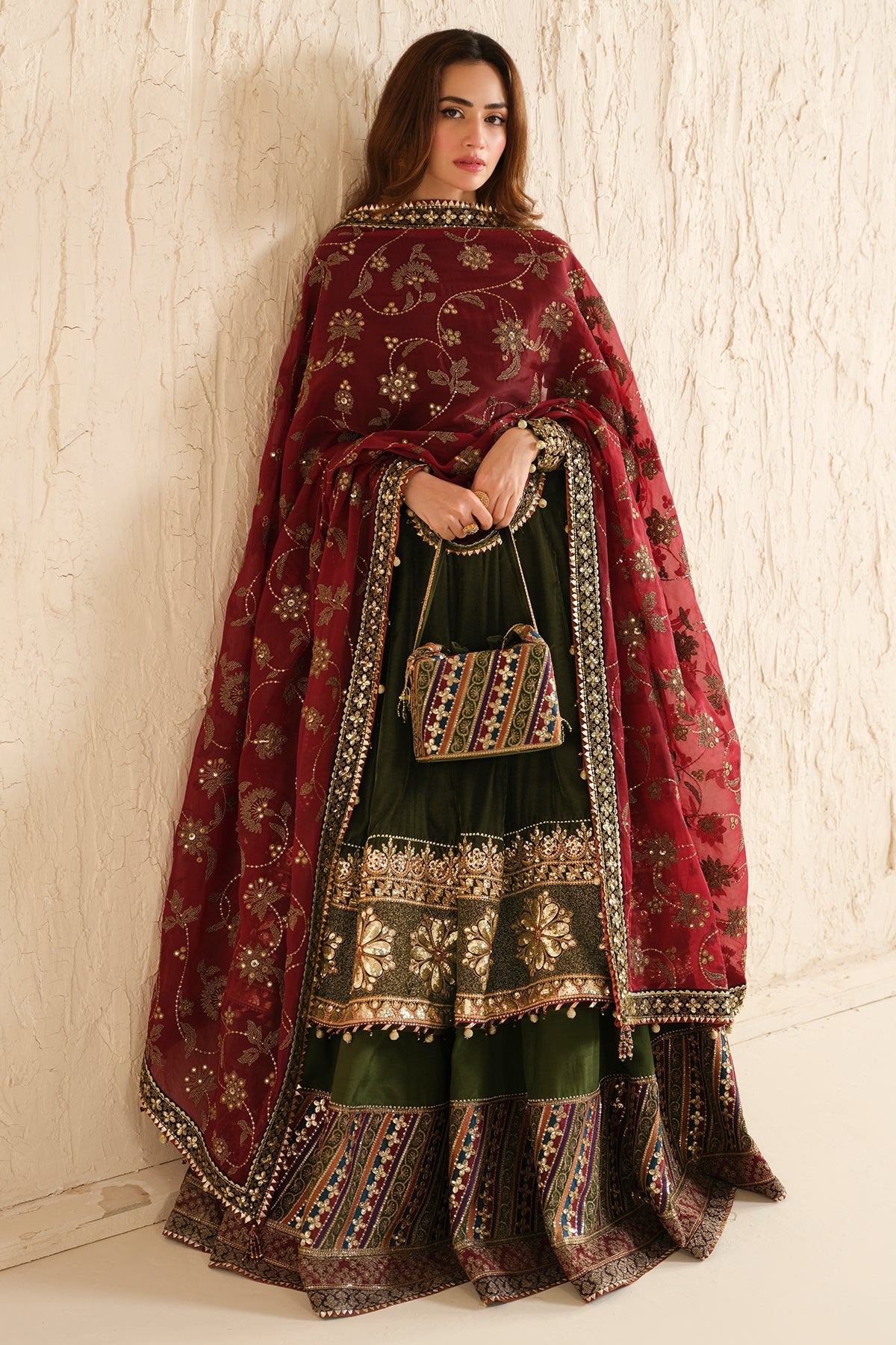 Women Wearing Embroidered Velvet Formal VF-2036 Mehndi Long Shirt with Sharara for Wedding Events - Pakistani Designer Wear for Women in UK | Kifat