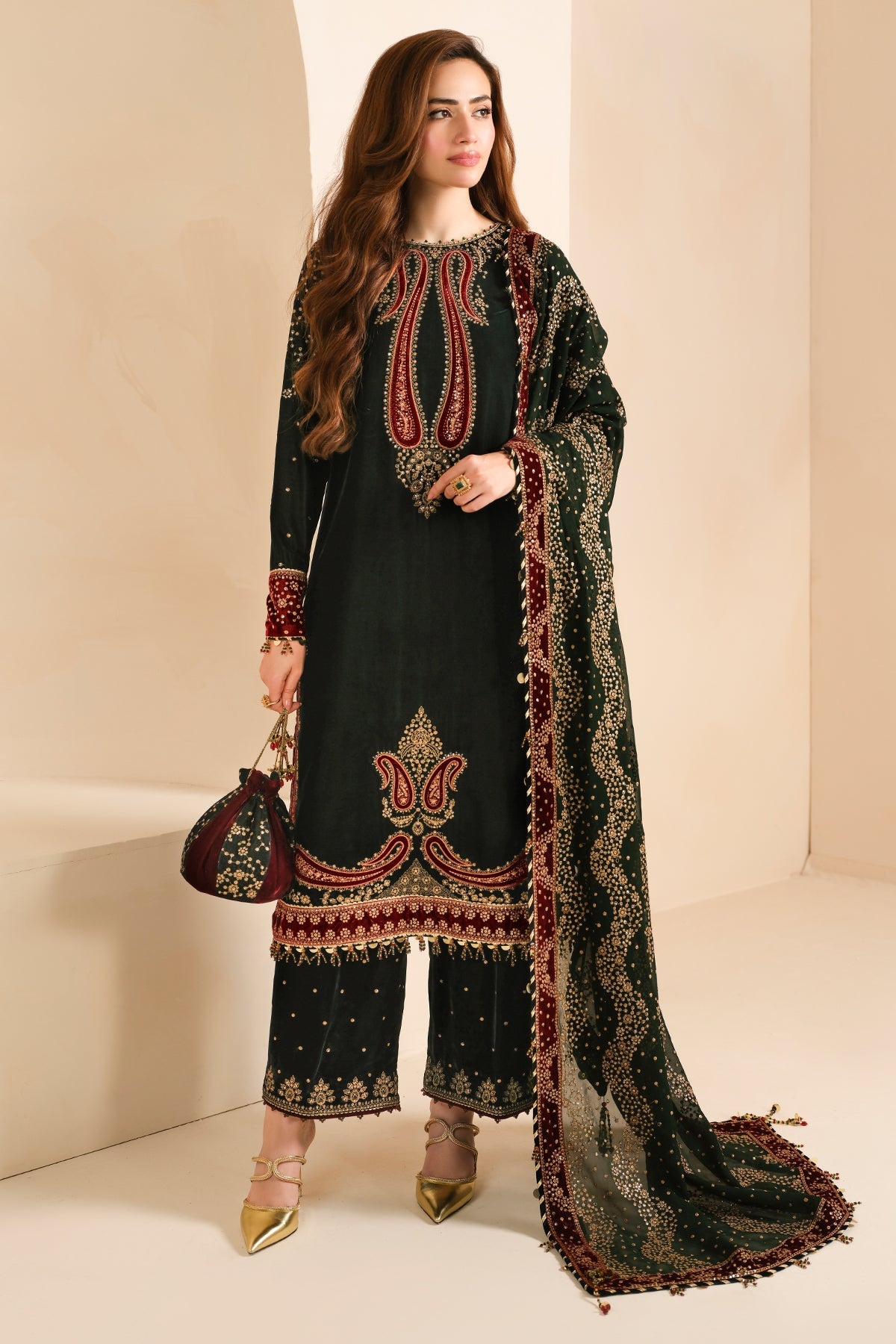 Women Wearing Embroidered Velvet Formal VF-2034 Mehndi Long Shirt for Wedding Events - Pakistani Designer Wear for Women in UK | Kifat