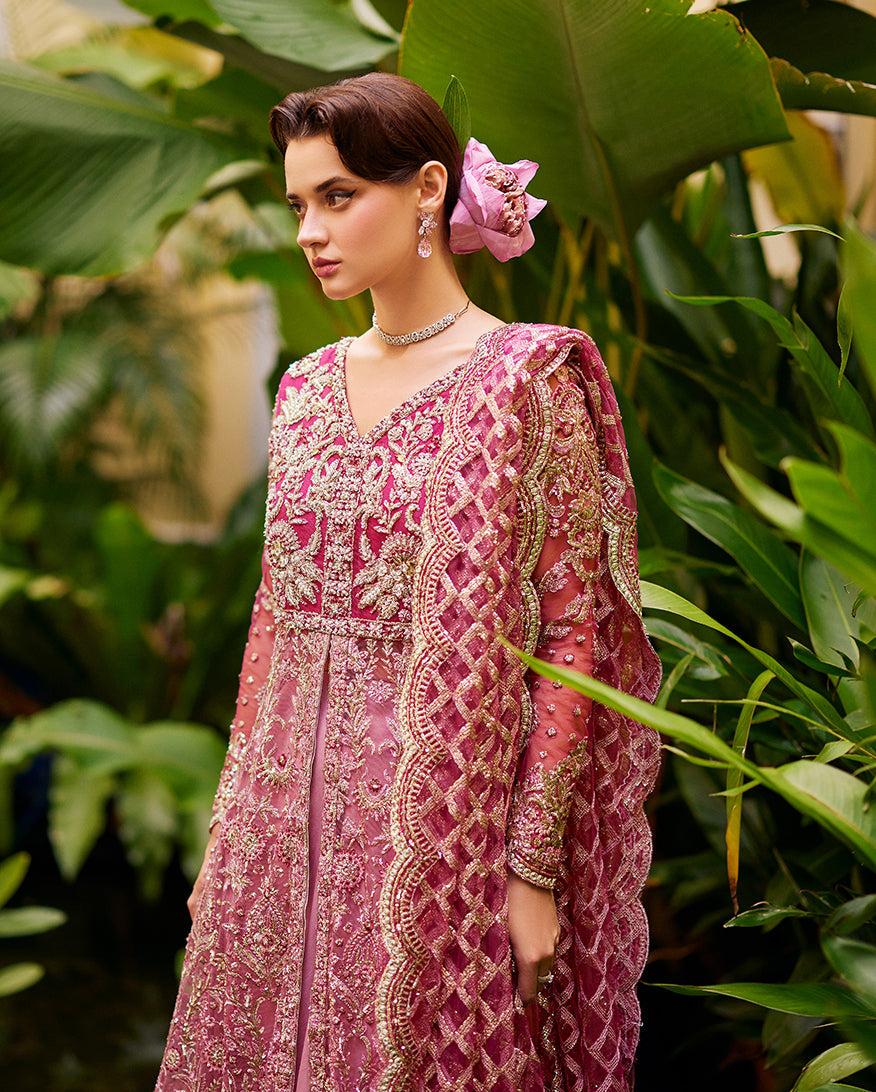 Women Wearing Cupid Magenta Red Front Open Shirt with Sharara for Wedding Events - Pakistani Designer Wear for Women in UK | Kifat