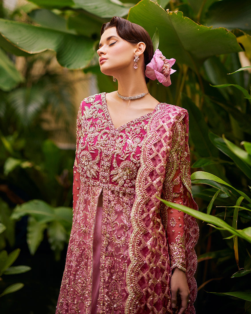 Women Wearing Cupid Magenta Red Front Open Shirt with Sharara for Wedding Events - Pakistani Designer Wear for Women in UK | Kifat