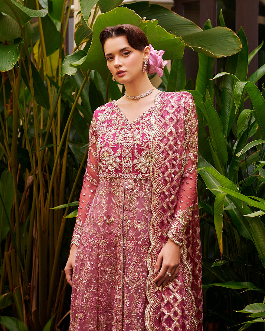 Women Wearing Cupid Magenta Red Front Open Shirt with Sharara for Wedding Events - Pakistani Designer Wear for Women in UK | Kifat