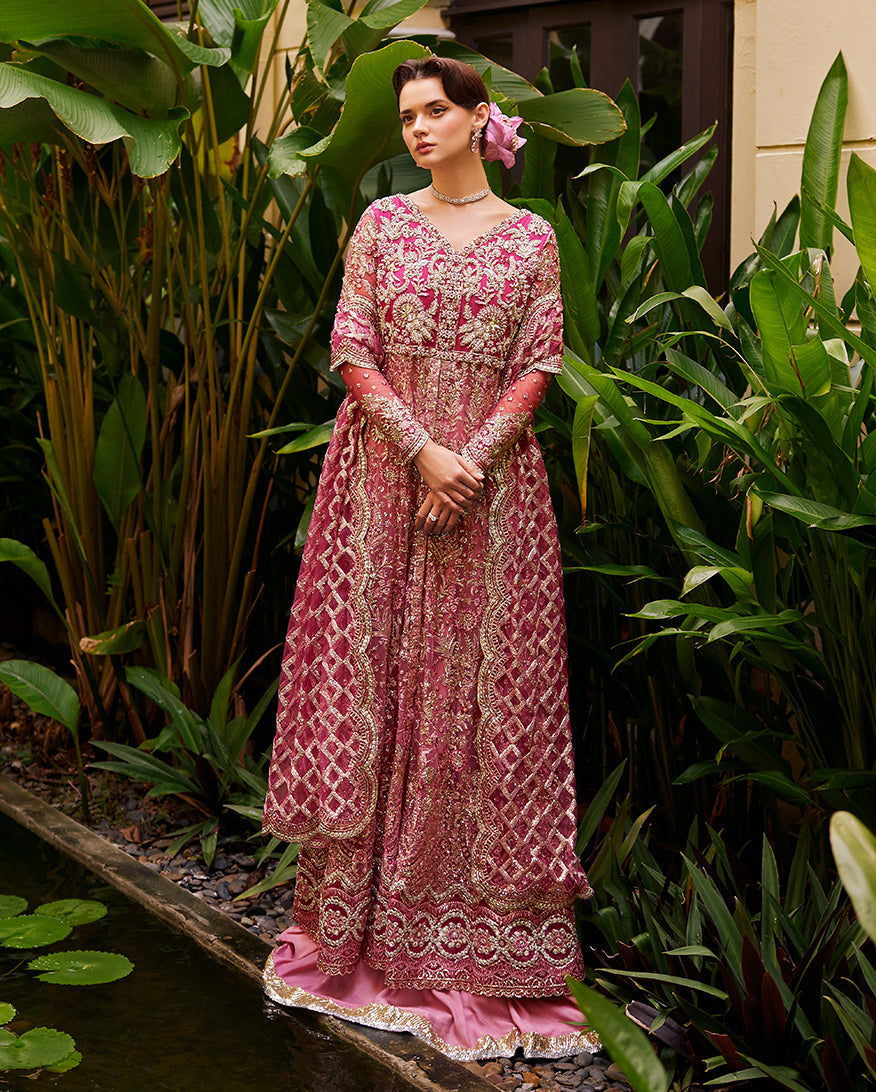 Women Wearing Cupid Magenta Red Front Open Shirt with Sharara for Wedding Events - Pakistani Designer Wear for Women in UK | Kifat