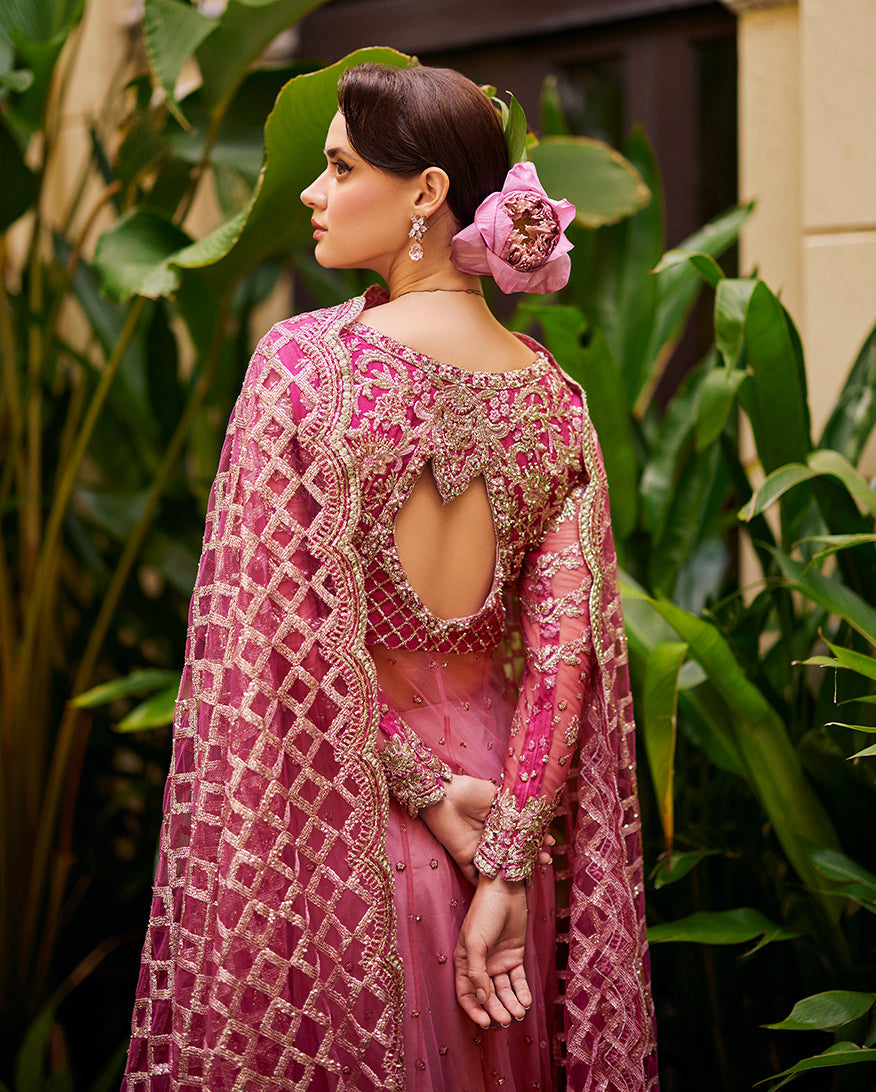 Women Wearing Cupid Magenta Red Front Open Shirt with Sharara for Wedding Events - Pakistani Designer Wear for Women in UK | Kifat