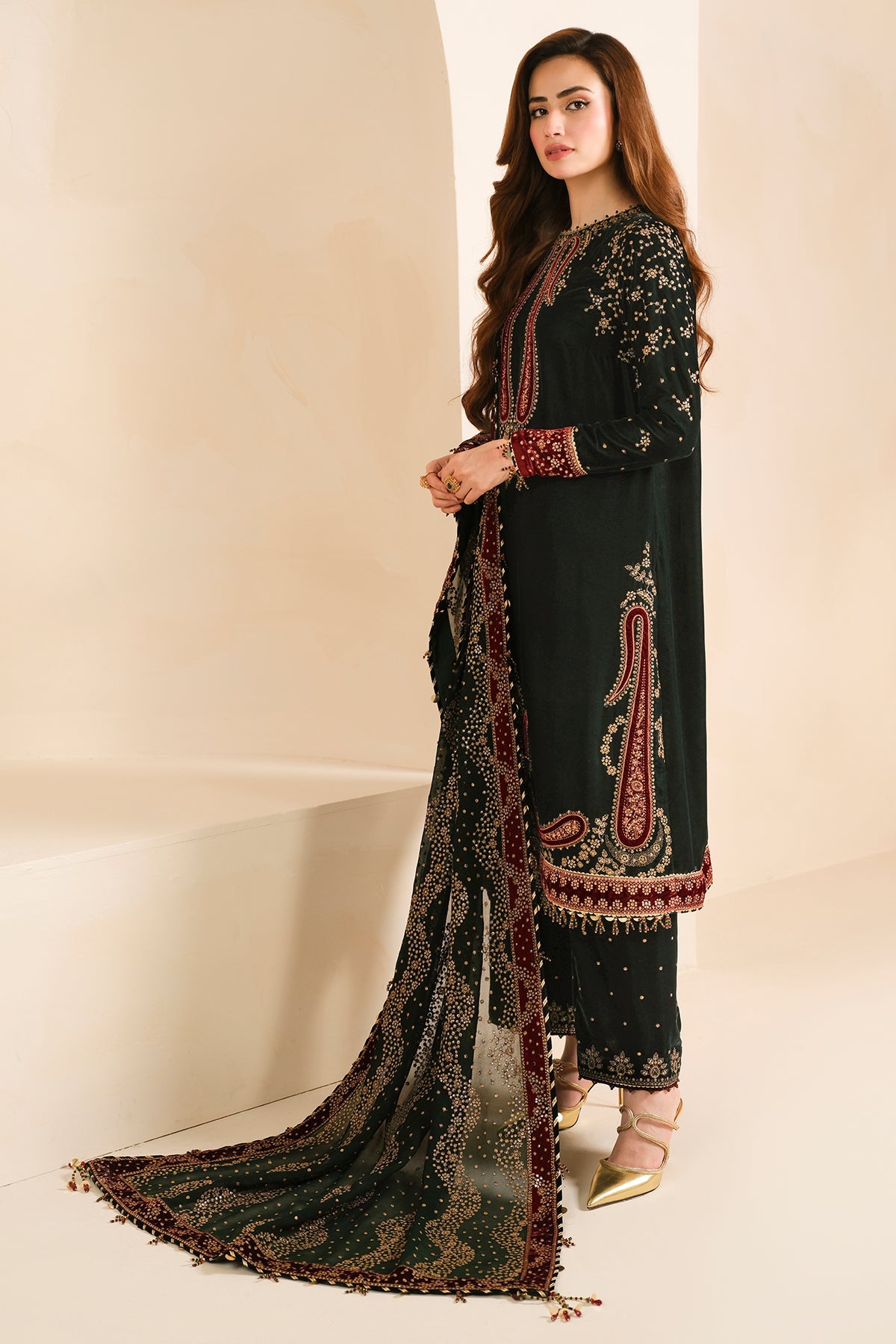 Women Wearing Embroidered Velvet Formal VF-2034 Mehndi Long Shirt for Wedding Events - Pakistani Designer Wear for Women in UK | Kifat