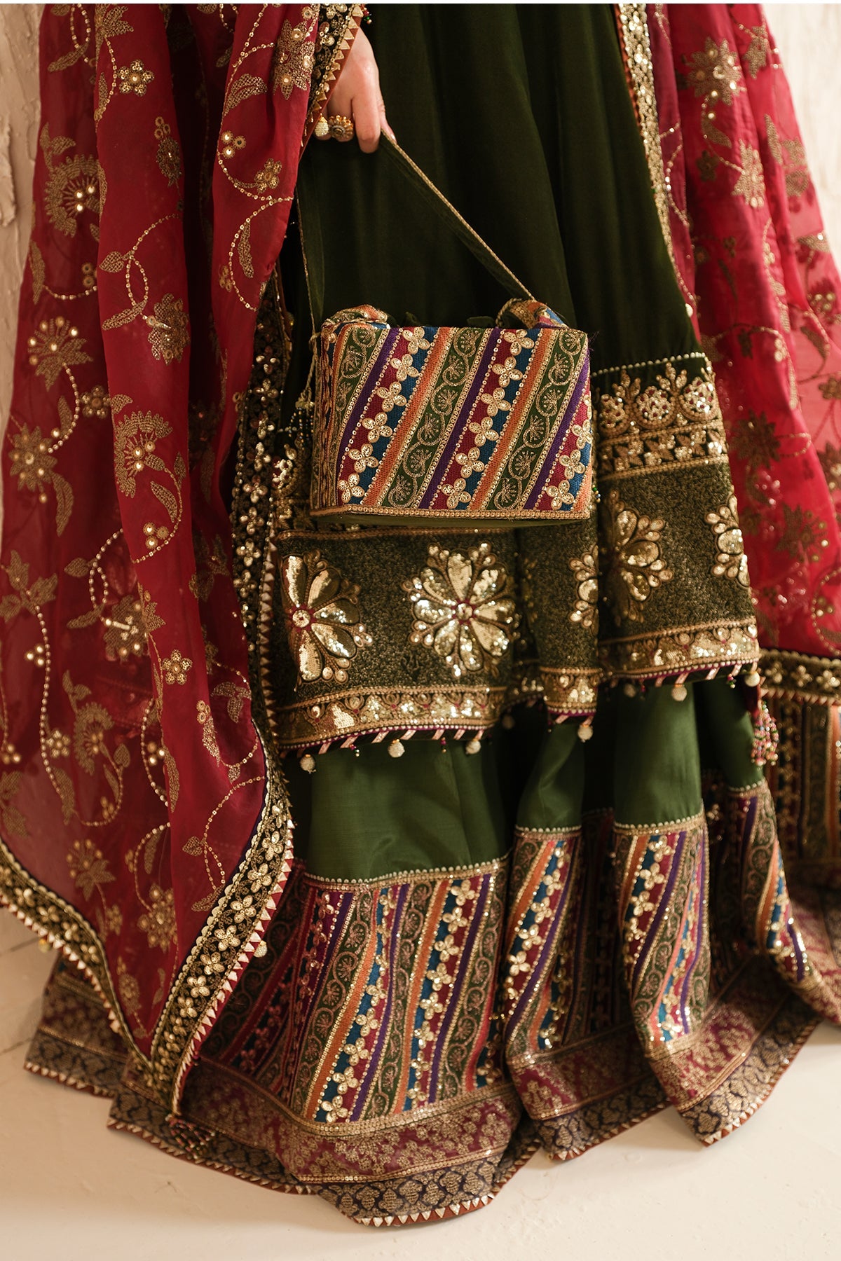 Women Wearing Embroidered Velvet Formal VF-2036 Mehndi Long Shirt with Sharara for Wedding Events - Pakistani Designer Wear for Women in UK | Kifat