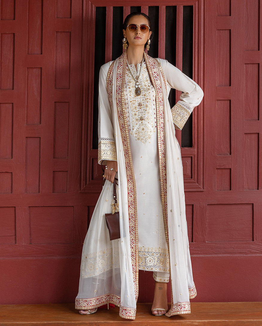 Women Wearing Elnaz Off White Long Shirt for Festive Events - Pakistani Designer Wear for Women in UK | Kifat