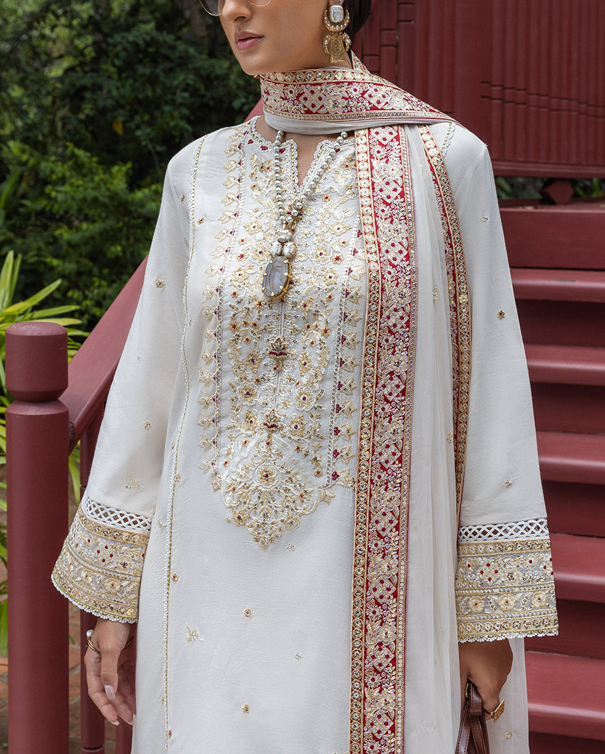 Women Wearing Elnaz Off White Long Shirt for Festive Events - Pakistani Designer Wear for Women in UK | Kifat