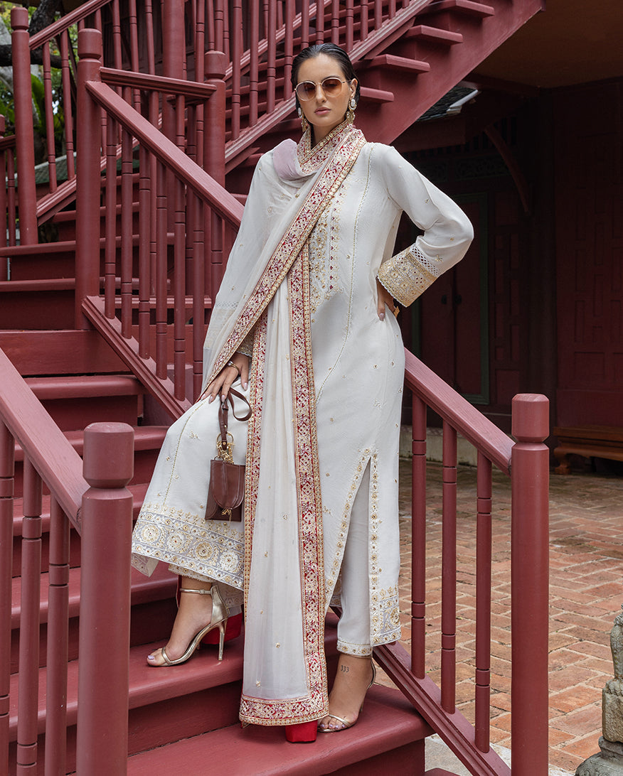 Women Wearing Elnaz Off White Long Shirt for Festive Events - Pakistani Designer Wear for Women in UK | Kifat