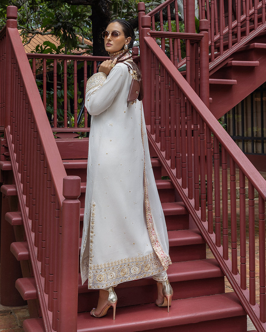 Women Wearing Elnaz Off White Long Shirt for Festive Events - Pakistani Designer Wear for Women in UK | Kifat