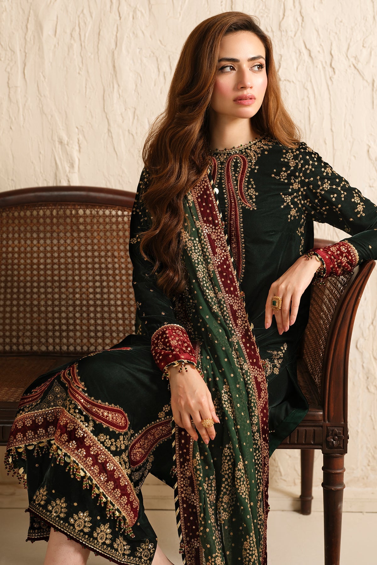 Women Wearing Embroidered Velvet Formal VF-2034 Mehndi Long Shirt for Wedding Events - Pakistani Designer Wear for Women in UK | Kifat