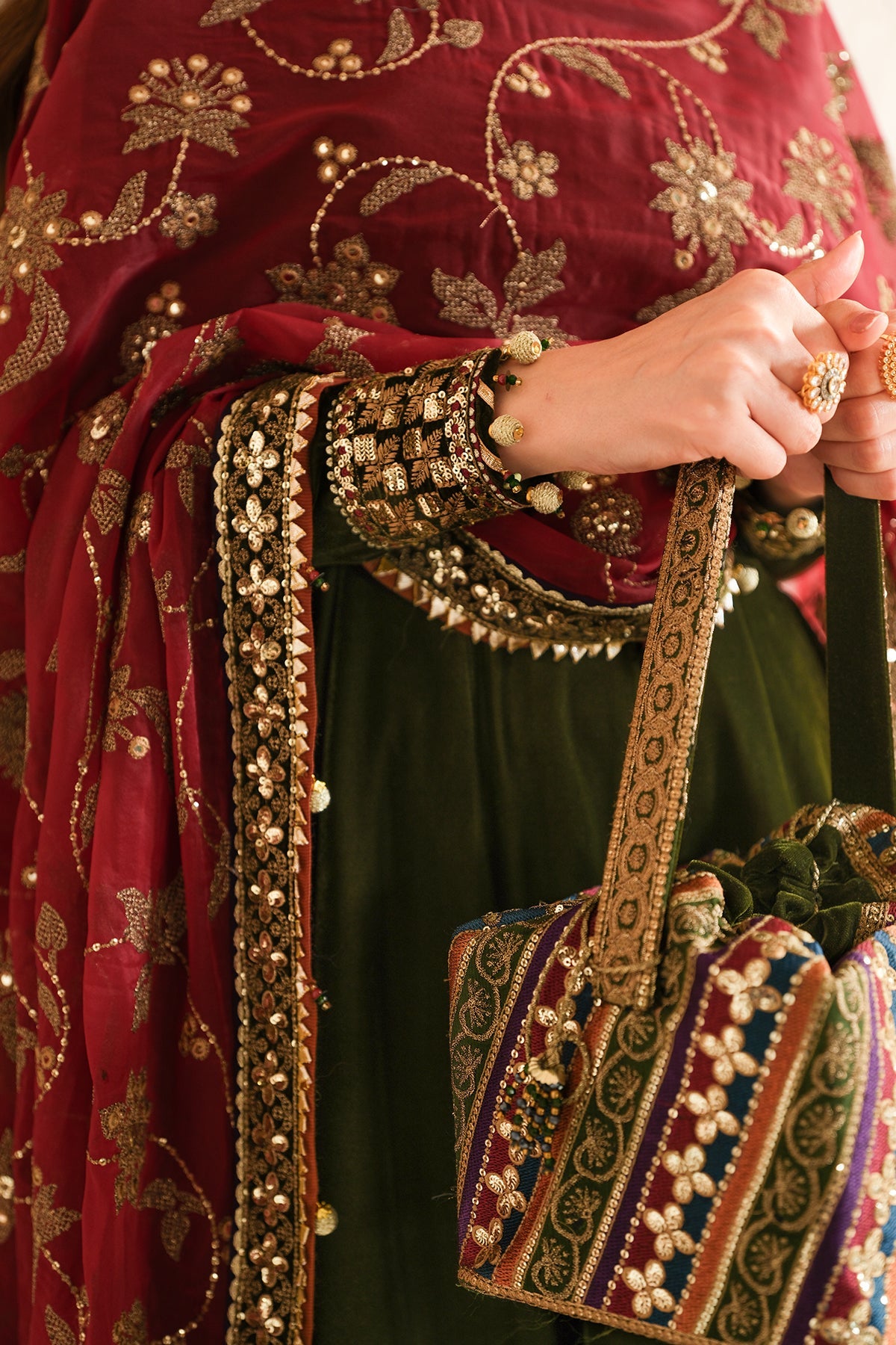 Women Wearing Embroidered Velvet Formal VF-2036 Mehndi Long Shirt with Sharara for Wedding Events - Pakistani Designer Wear for Women in UK | Kifat