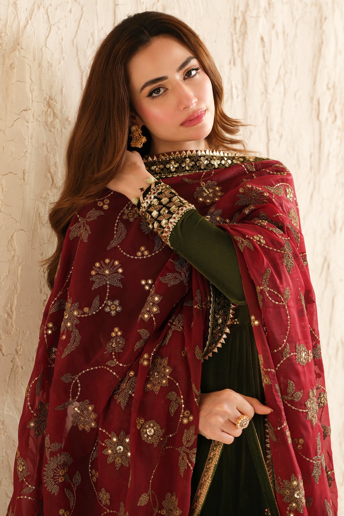 Women Wearing Embroidered Velvet Formal VF-2036 Mehndi Long Shirt with Sharara for Wedding Events - Pakistani Designer Wear for Women in UK | Kifat