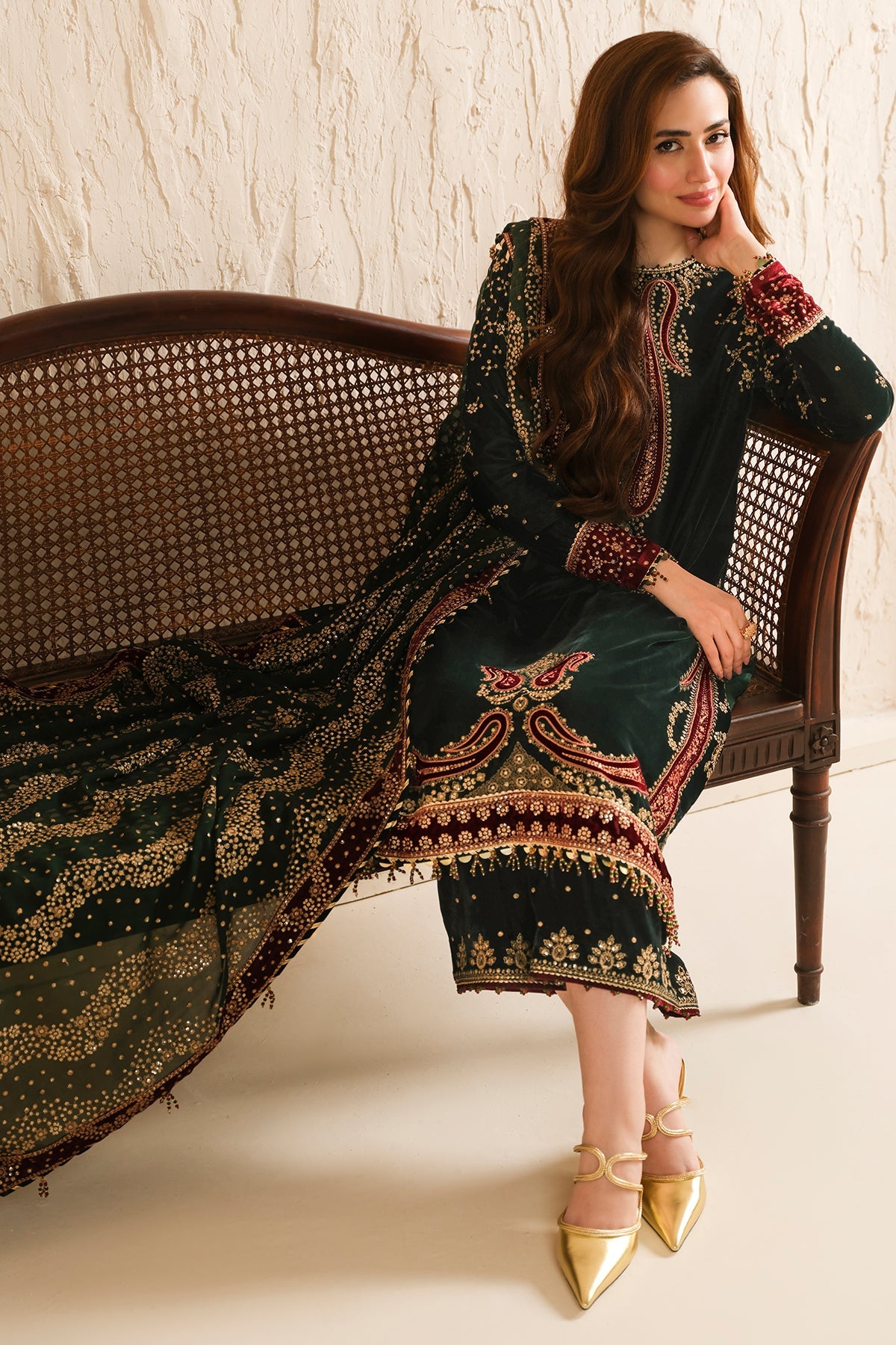 Women Wearing Embroidered Velvet Formal VF-2034 Mehndi Long Shirt for Wedding Events - Pakistani Designer Wear for Women in UK | Kifat